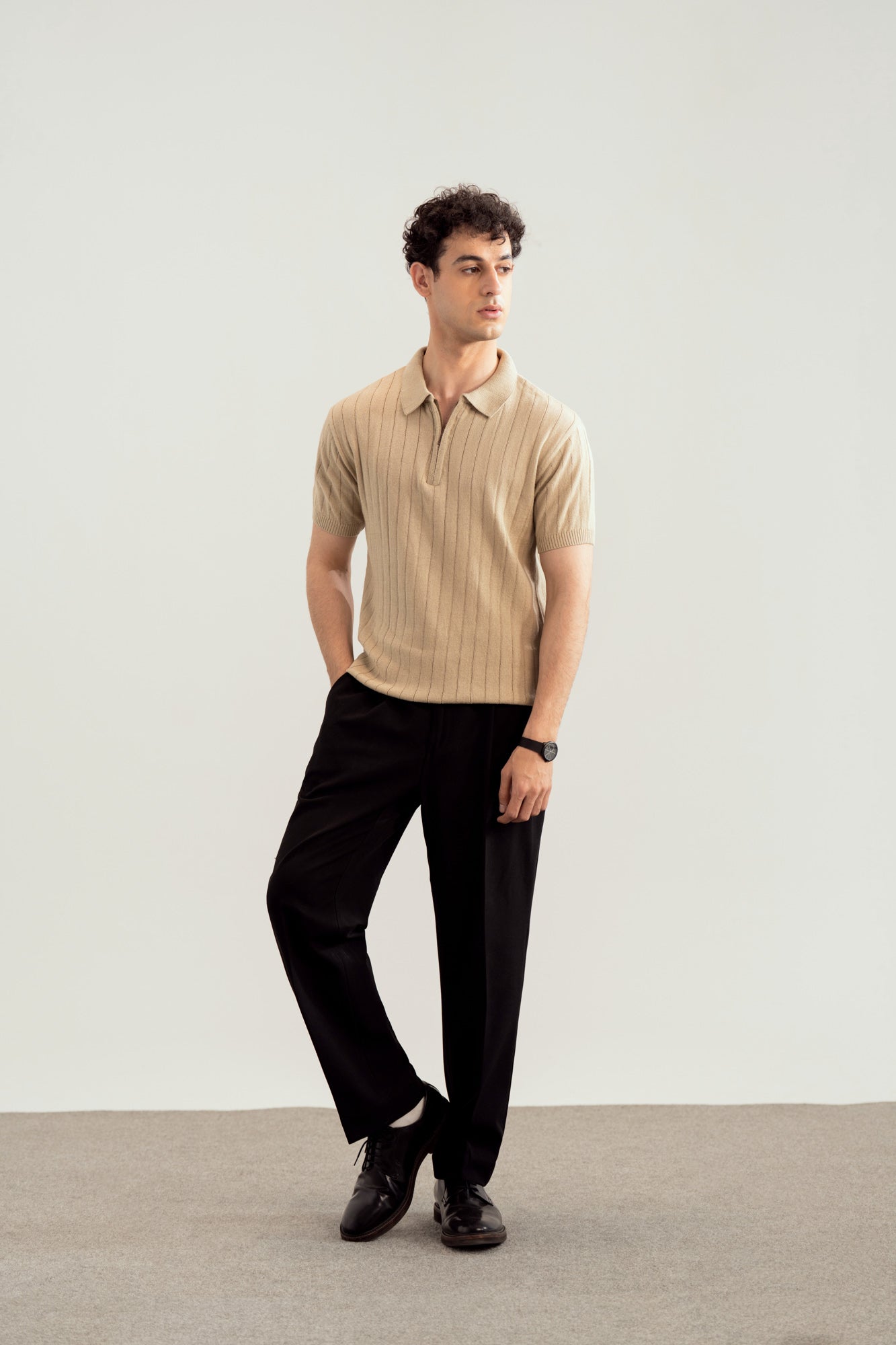 Beige Drop Needle Zipper Knitted Polo - Men - Men
