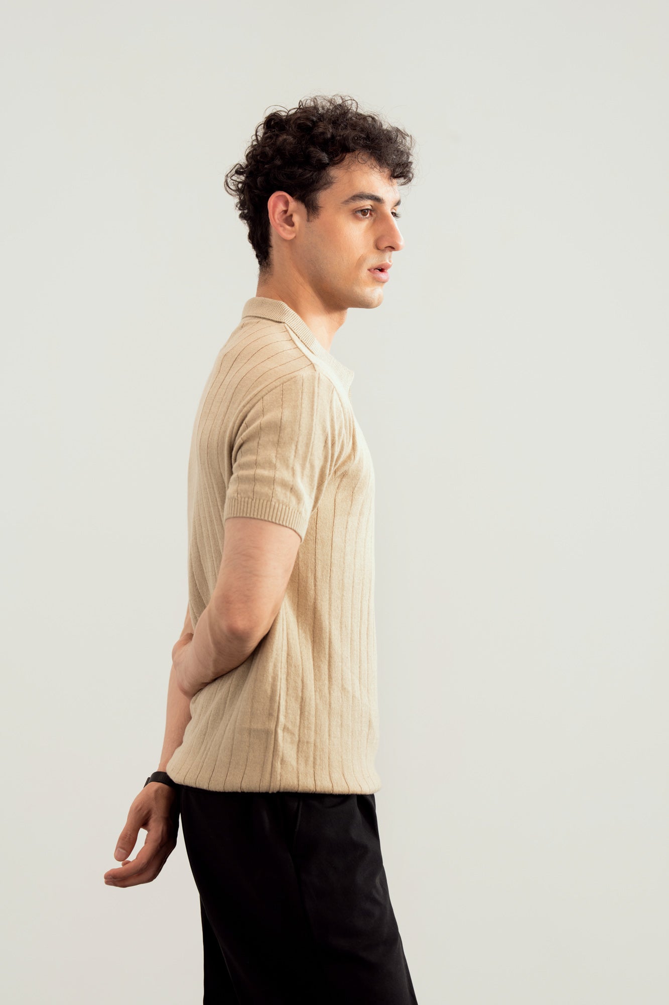 Beige Drop Needle Zipper Knitted Polo - Men - Men