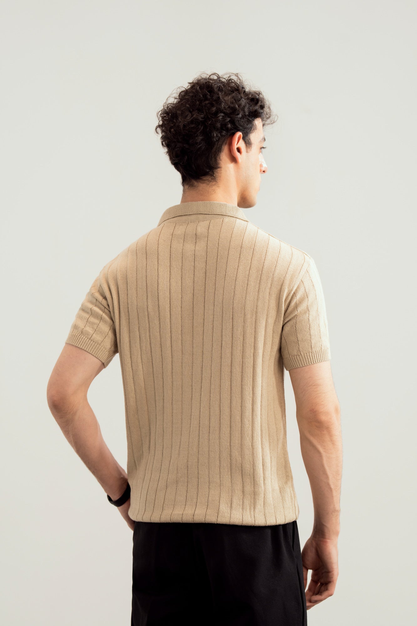 Beige Drop Needle Zipper Knitted Polo - Men - Men