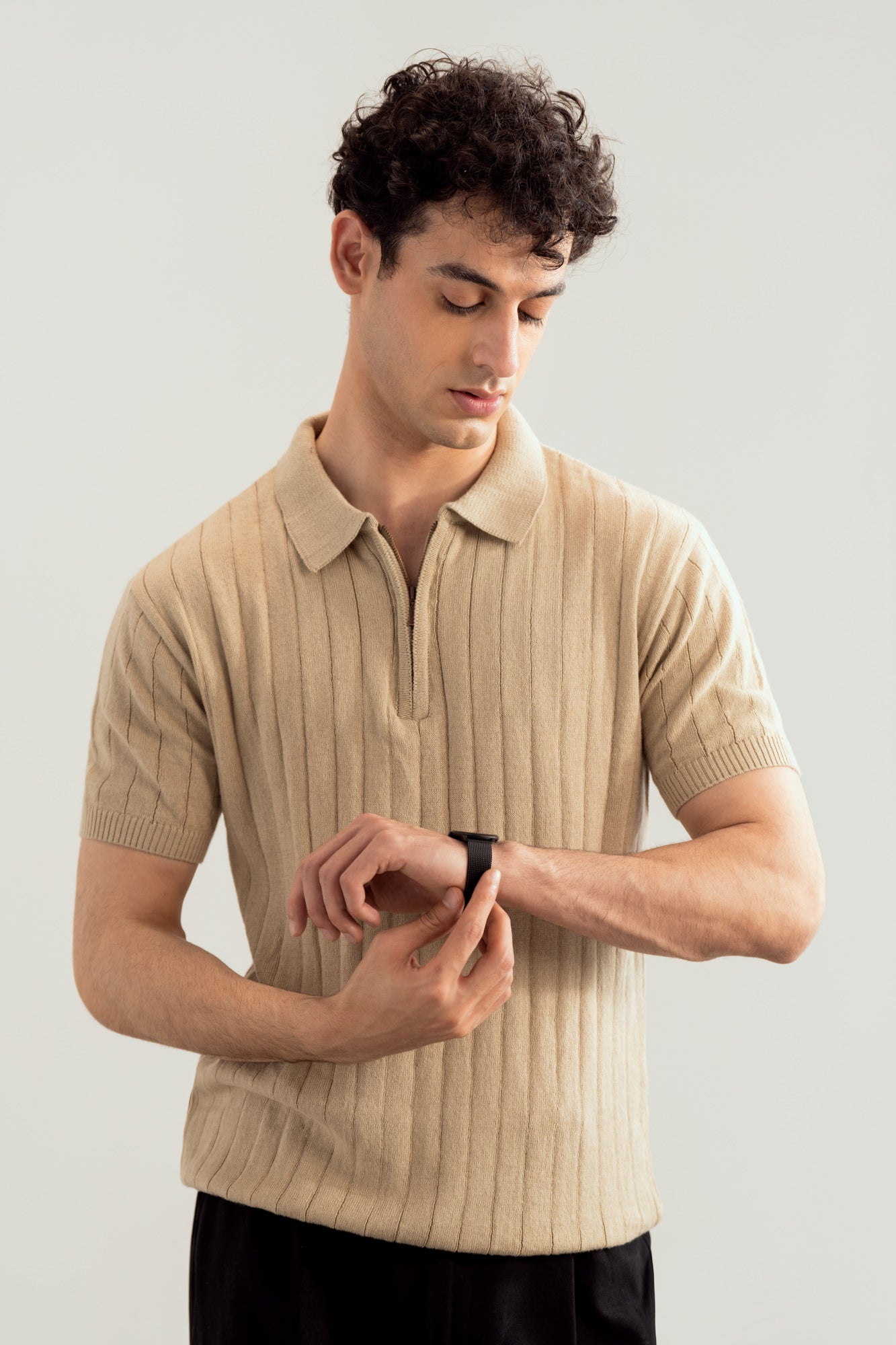 Beige Drop Needle Zipper Knitted Polo - Men - Men