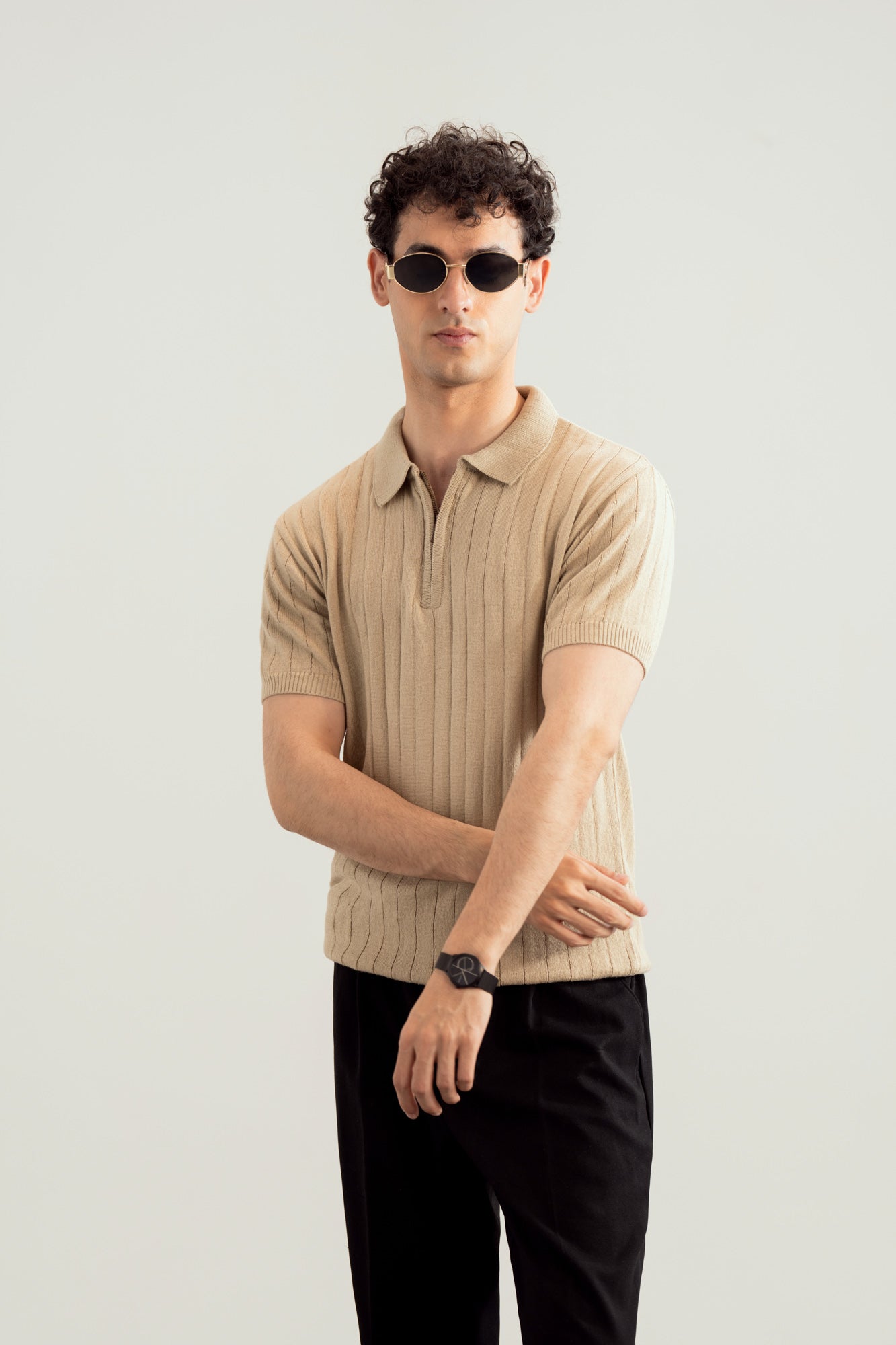 Beige Drop Needle Zipper Knitted Polo - Men - Men
