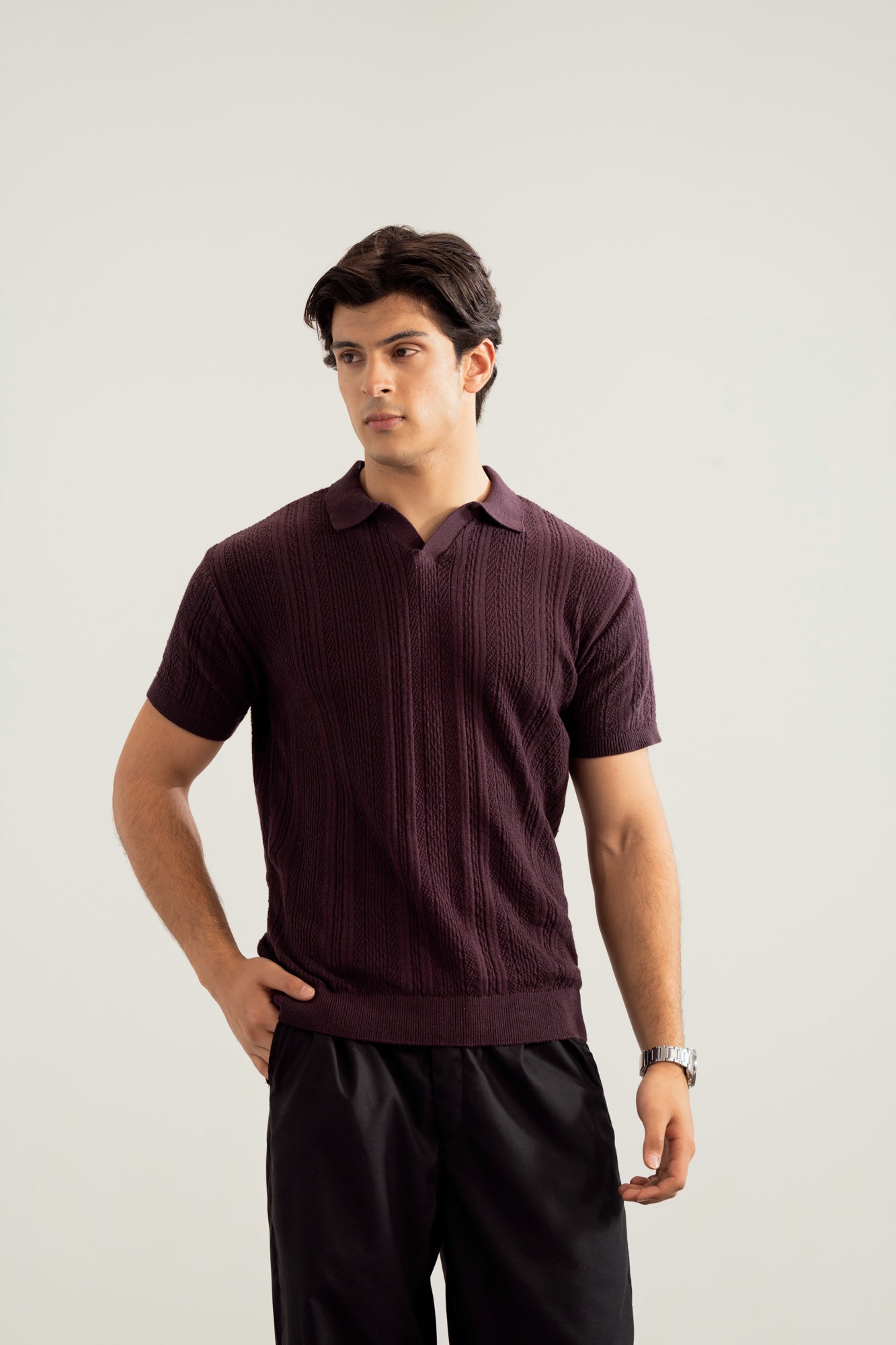 Dark Purple Wave Knitted Polo - Men - Men