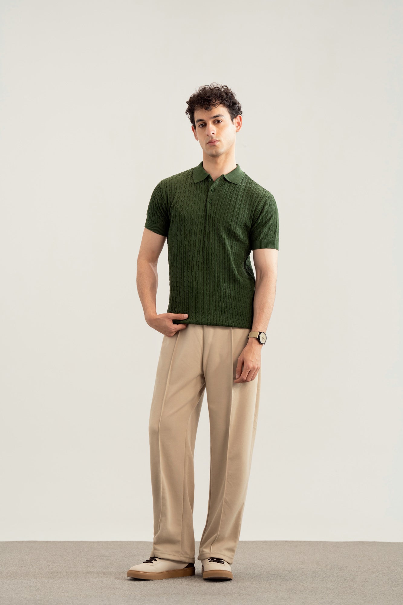 Dark Green Cable Knit Polo - Men - Men