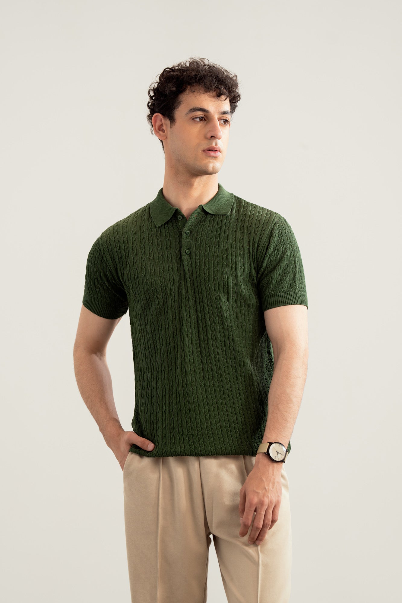 Dark Green Cable Knit Polo - Men - Men