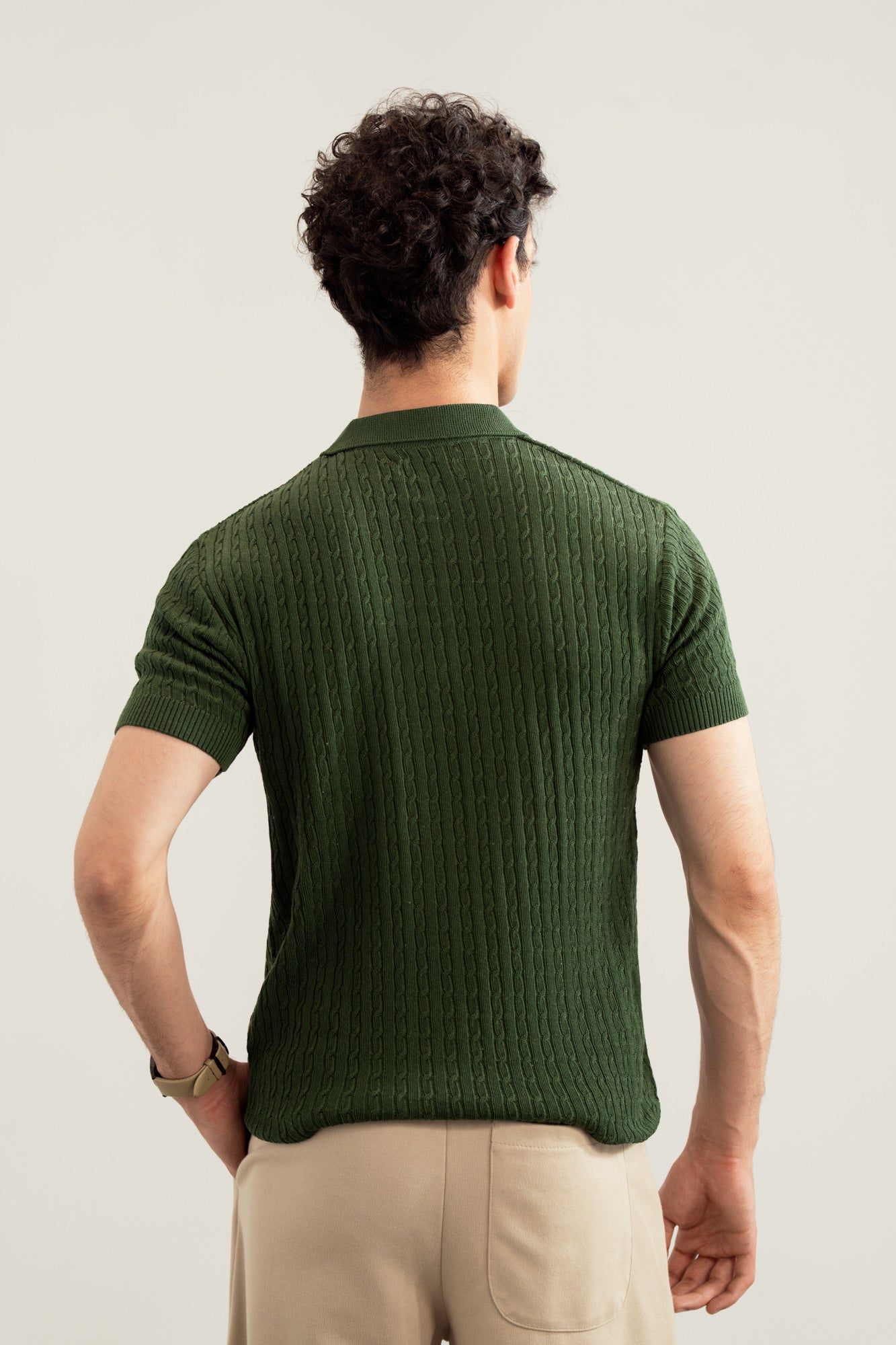 Dark Green Cable Knit Polo - Men - Men
