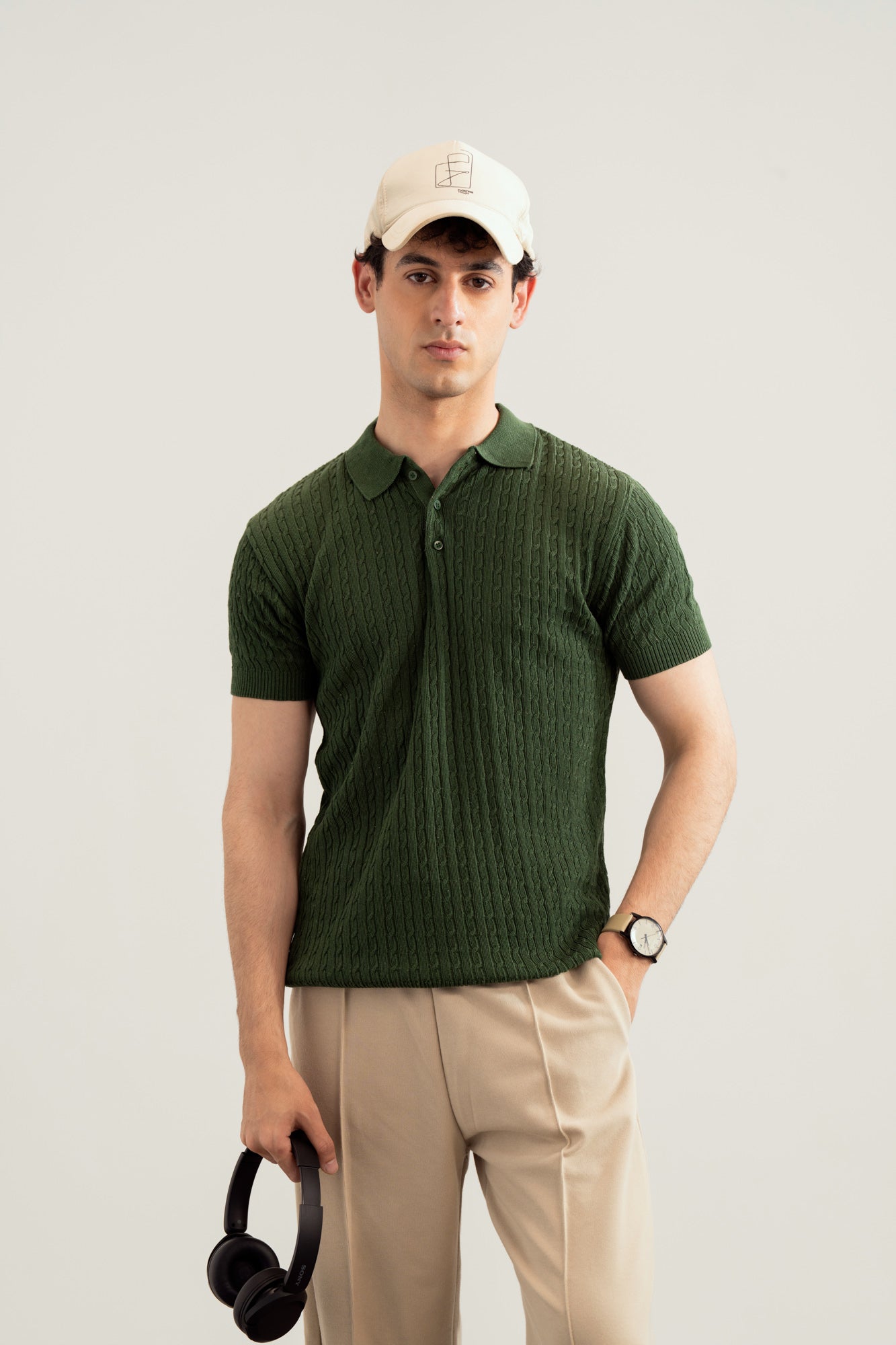 Dark Green Cable Knit Polo - Men - Men