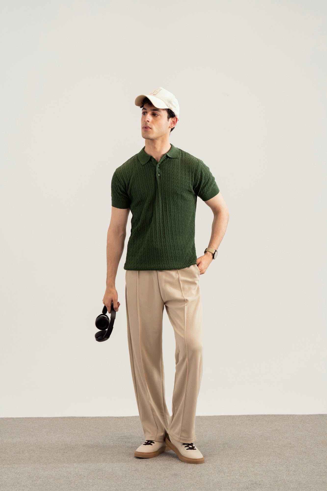 Dark Green Cable Knit Polo - Men - Men