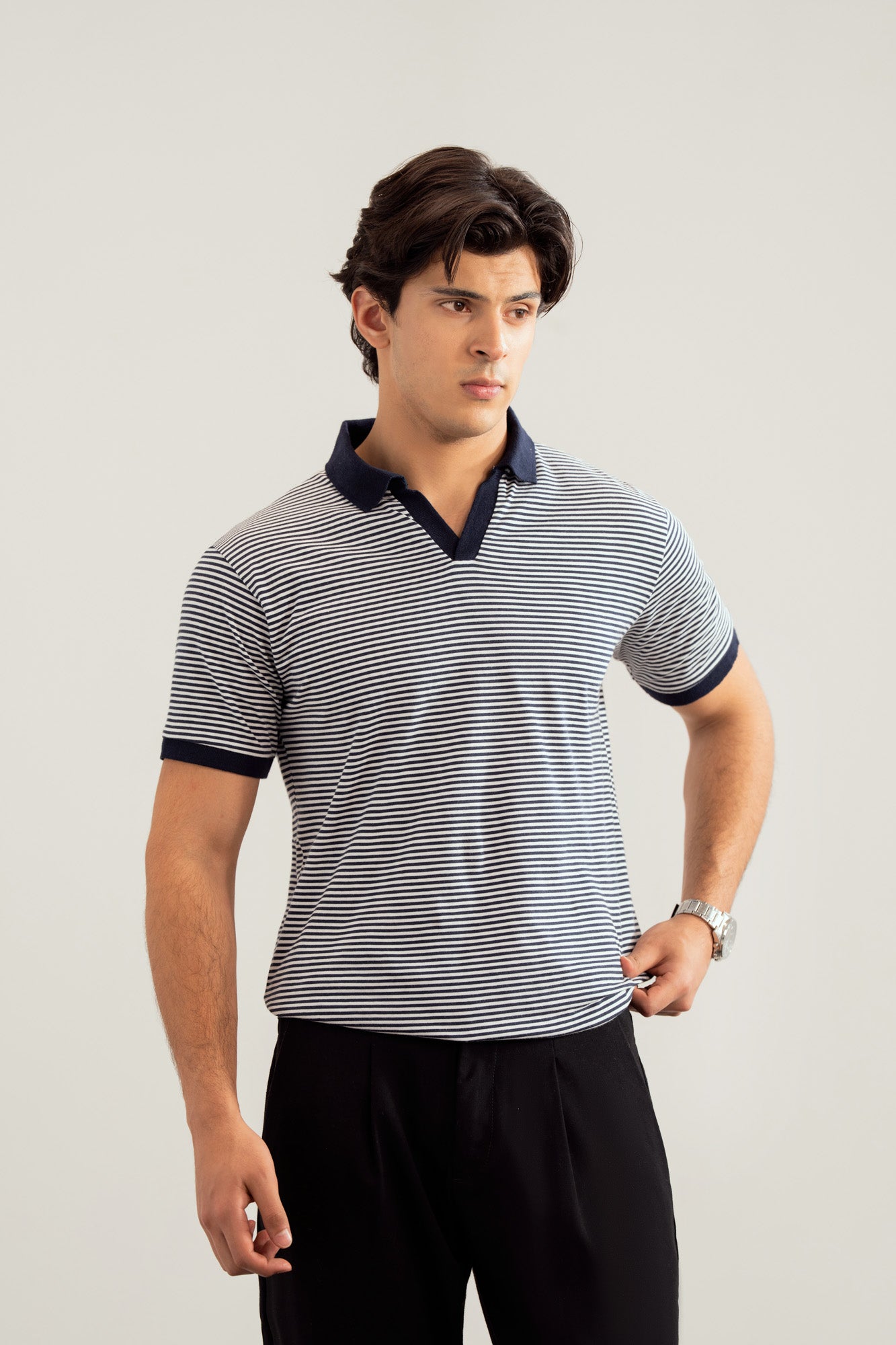 Off white and Blue Striper Johhny Resort Polo - Contrast Collar - Men - Men