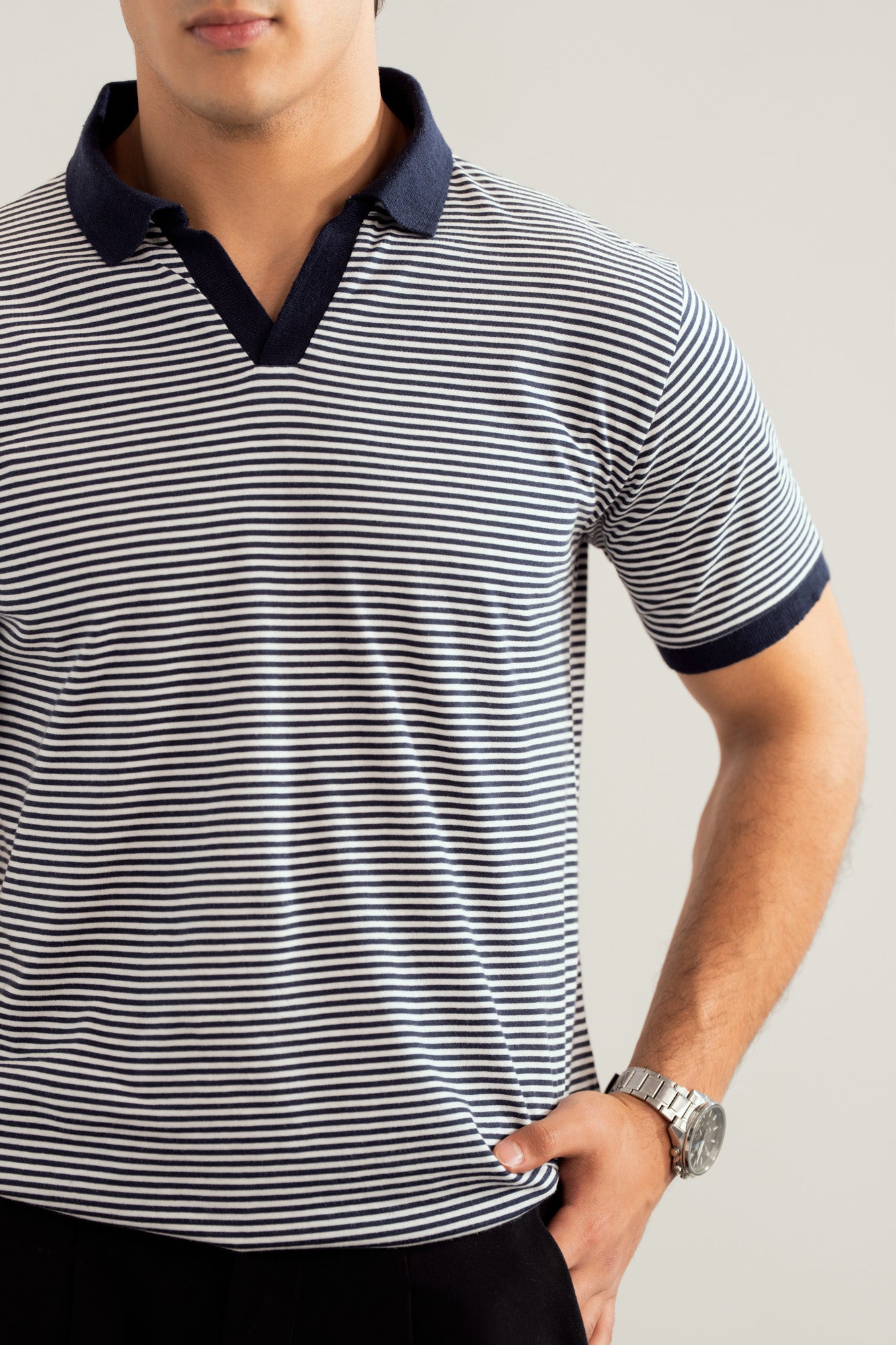 Off white and Blue Striper Johhny Resort Polo - Contrast Collar - Men - Men