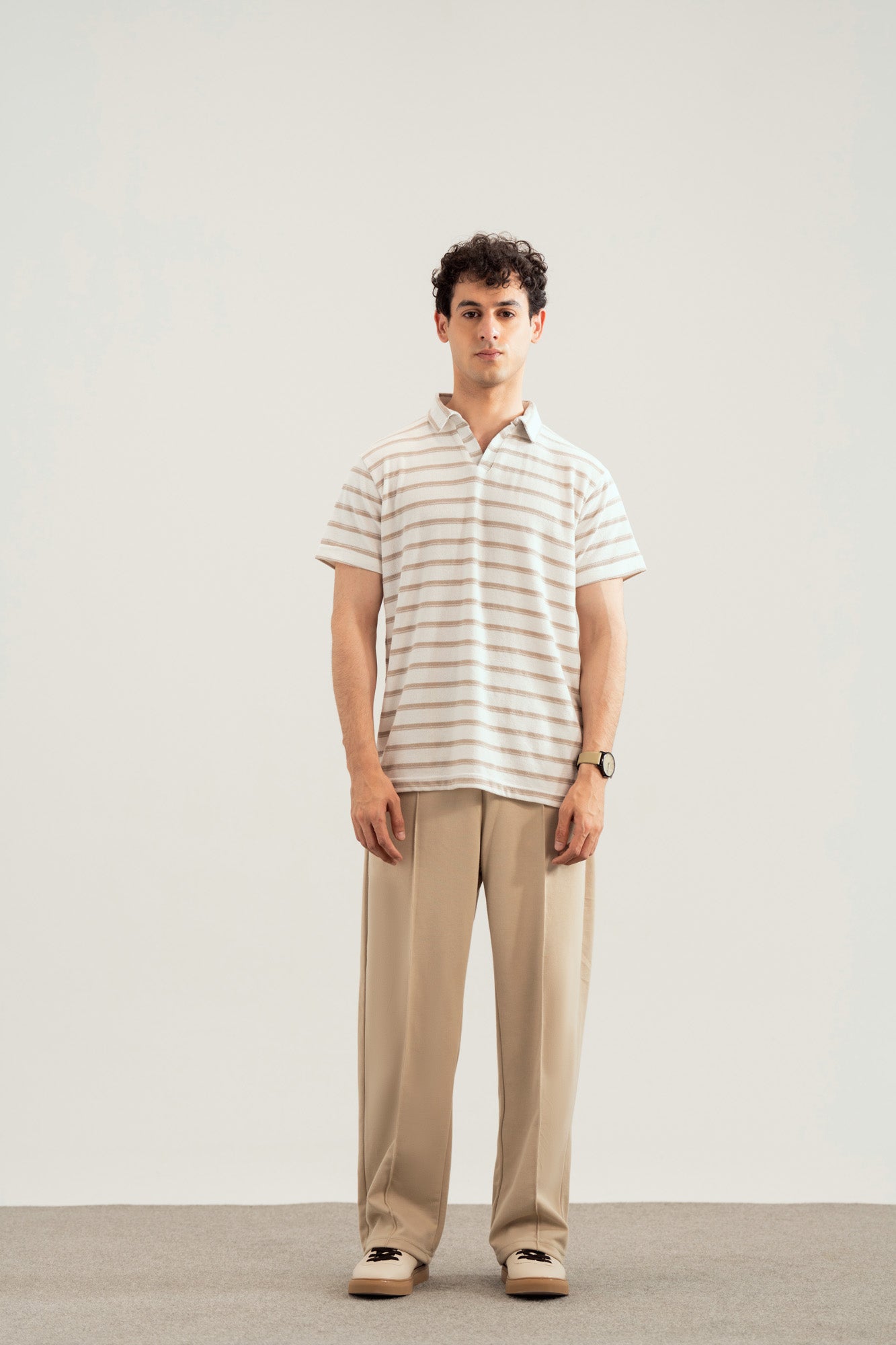 Off White & Brown Striper Mesh Thermal Knit Polo - Smart Fit - Men - Men