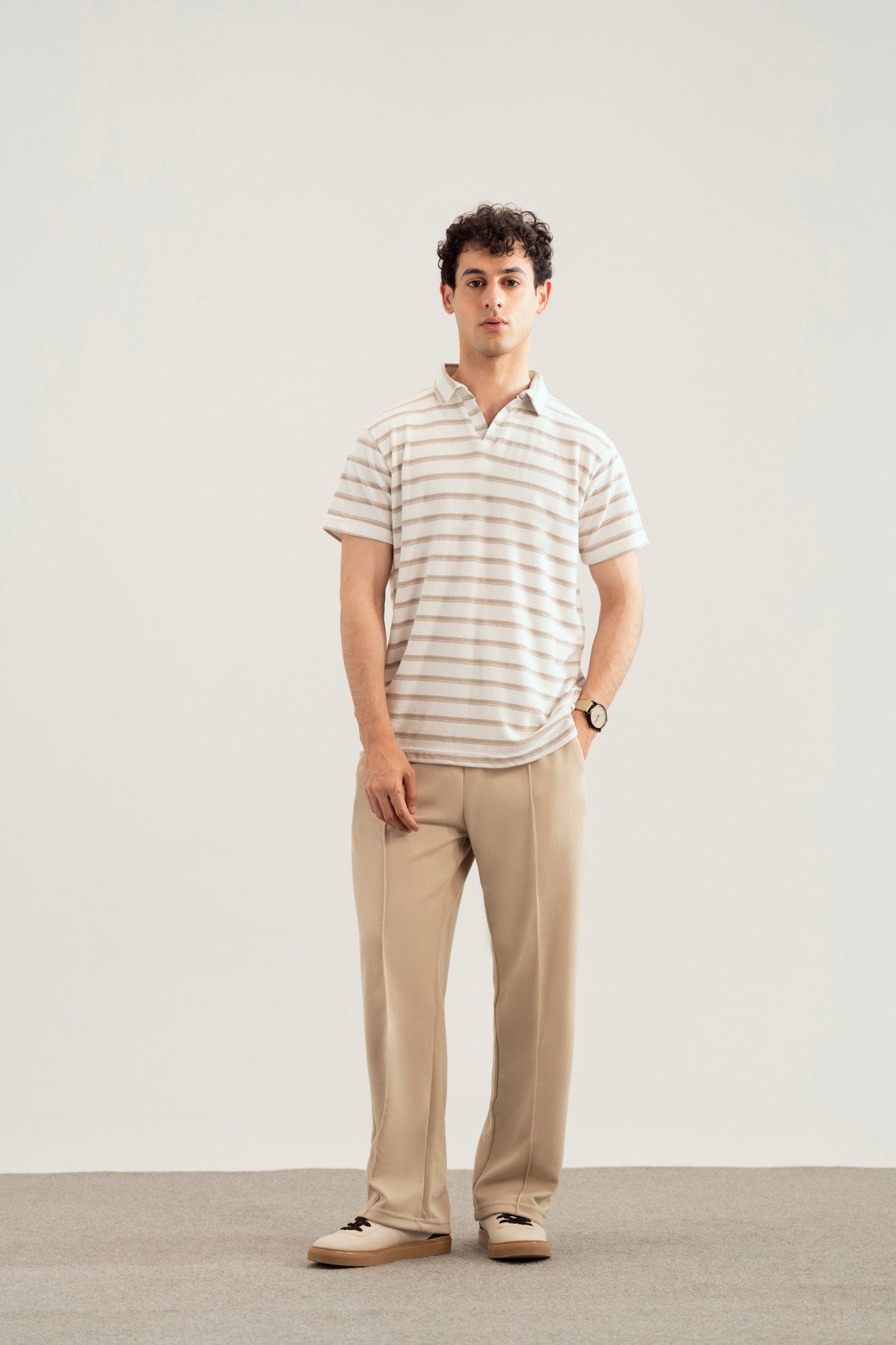 Off White & Brown Striper Mesh Thermal Knit Polo - Smart Fit - Men - Men