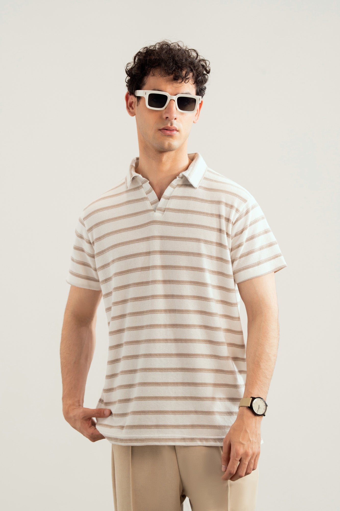 Off White & Brown Striper Mesh Thermal Knit Polo - Smart Fit - Men - Men