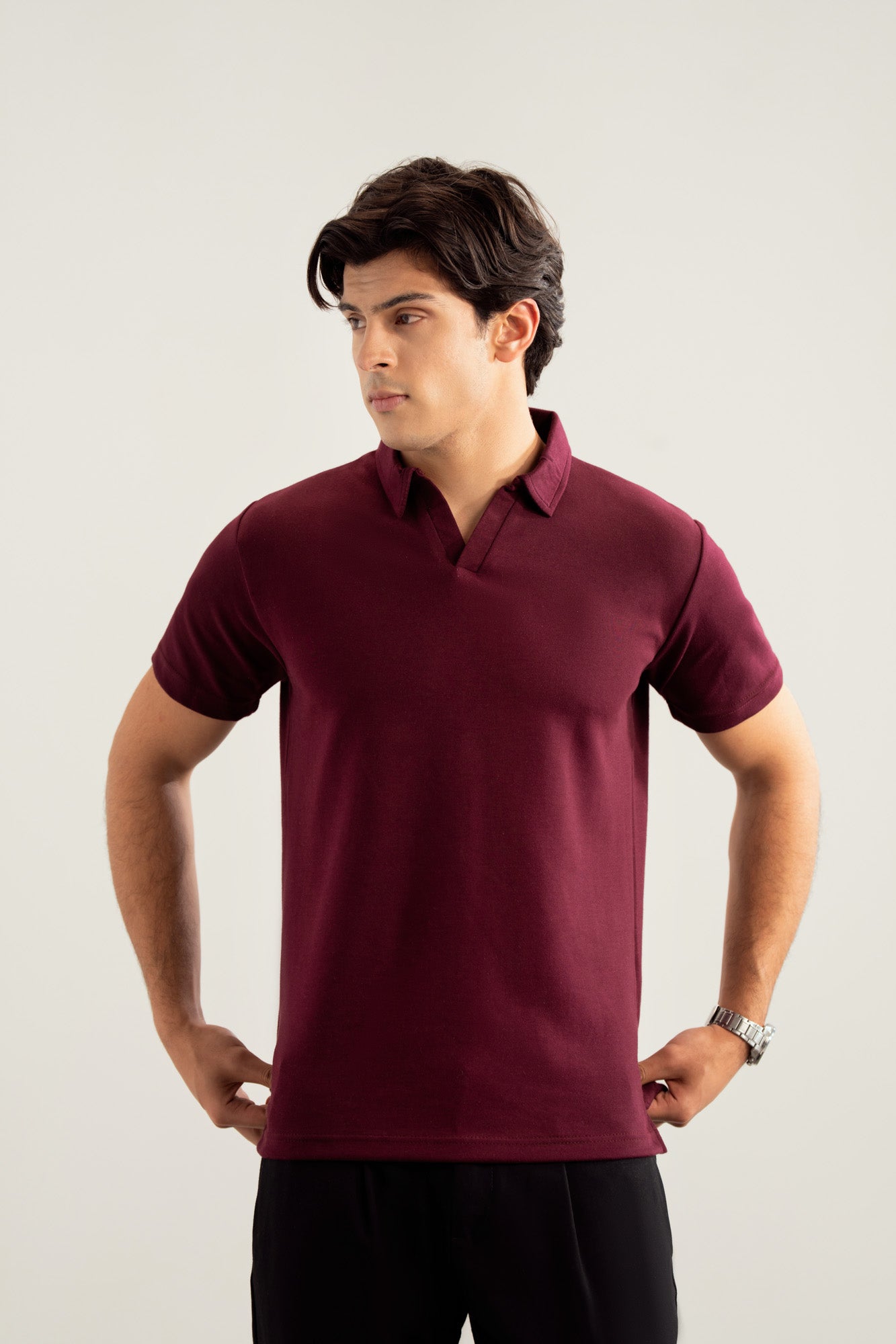 Maroon Interlock Johnny Collar Polo - Smart Fit  - Men - Men