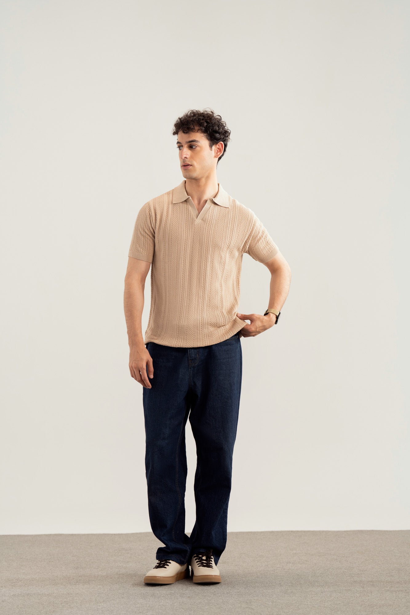 Beige Wave Knitted Polo - Men - Men