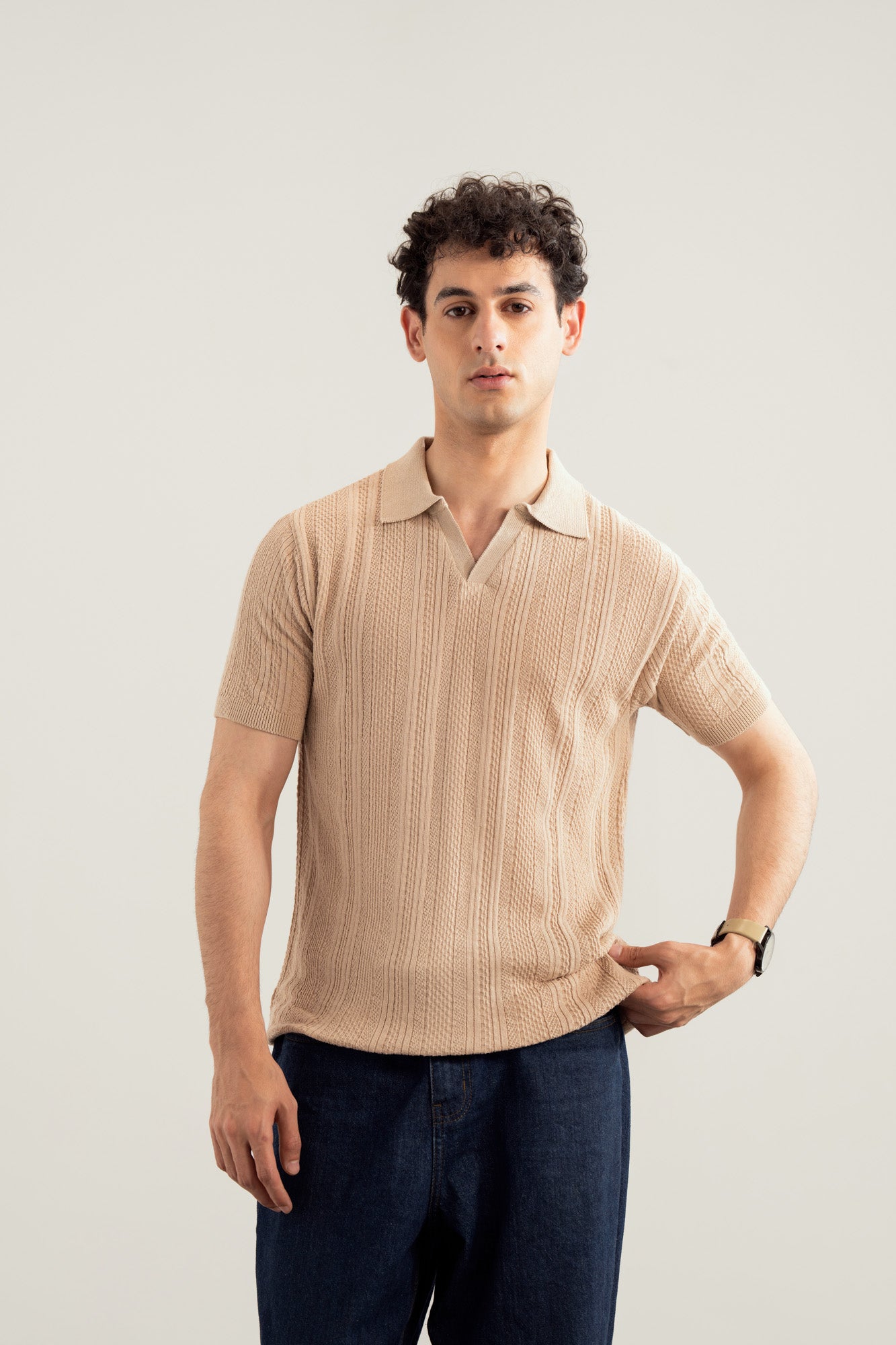 Beige Wave Knitted Polo - Men - Men