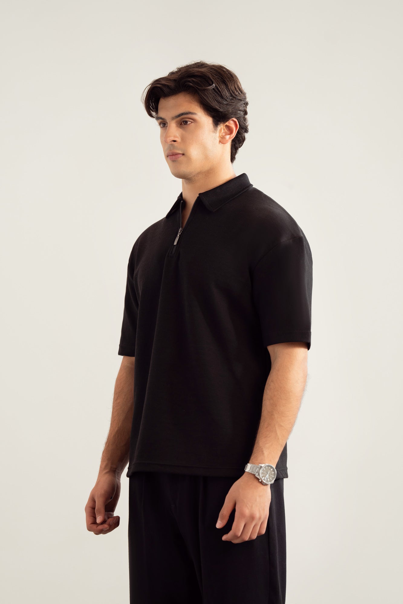 Black Interlock Zipper Polo - Boxy Fit - Men - Men