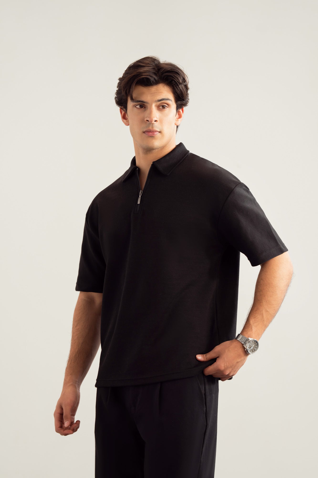 Black Interlock Zipper Polo - Boxy Fit - Men - Men