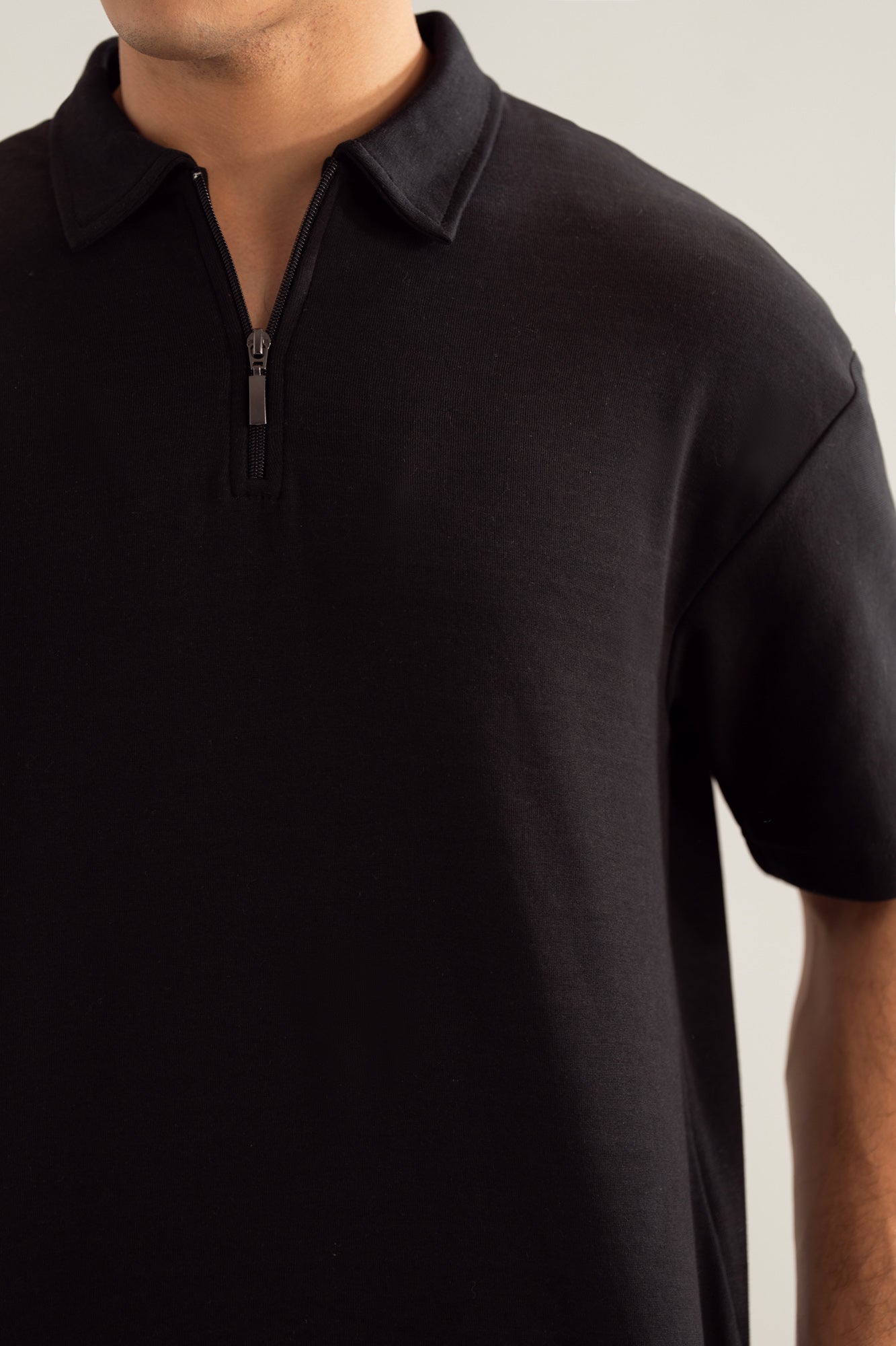 Black Interlock Zipper Polo - Boxy Fit - Men - Men