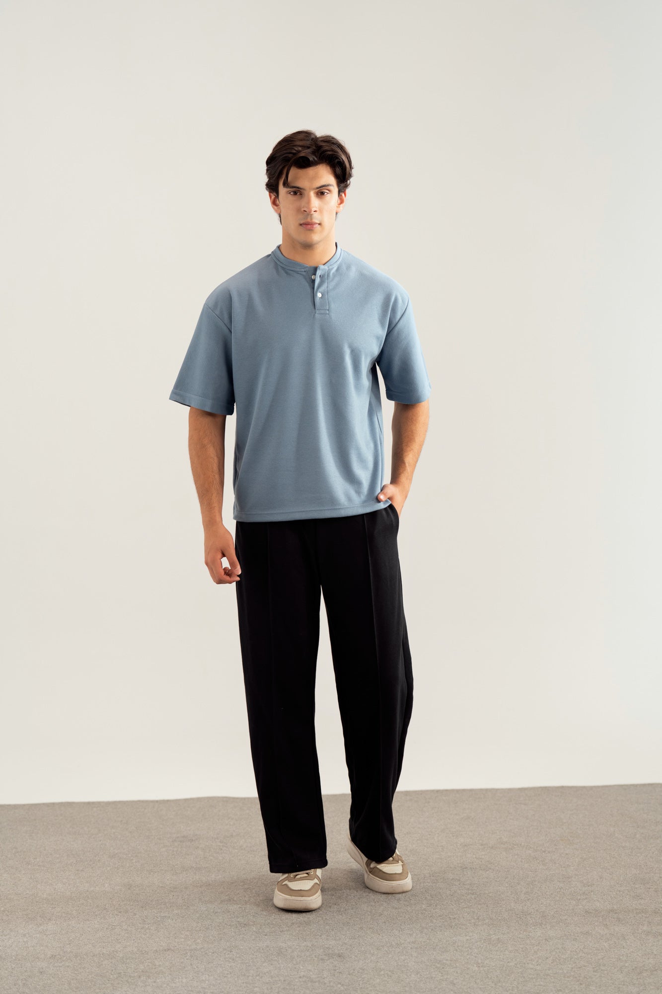 Sky Blue Interlock Oversized Henley Tee - Men - Men