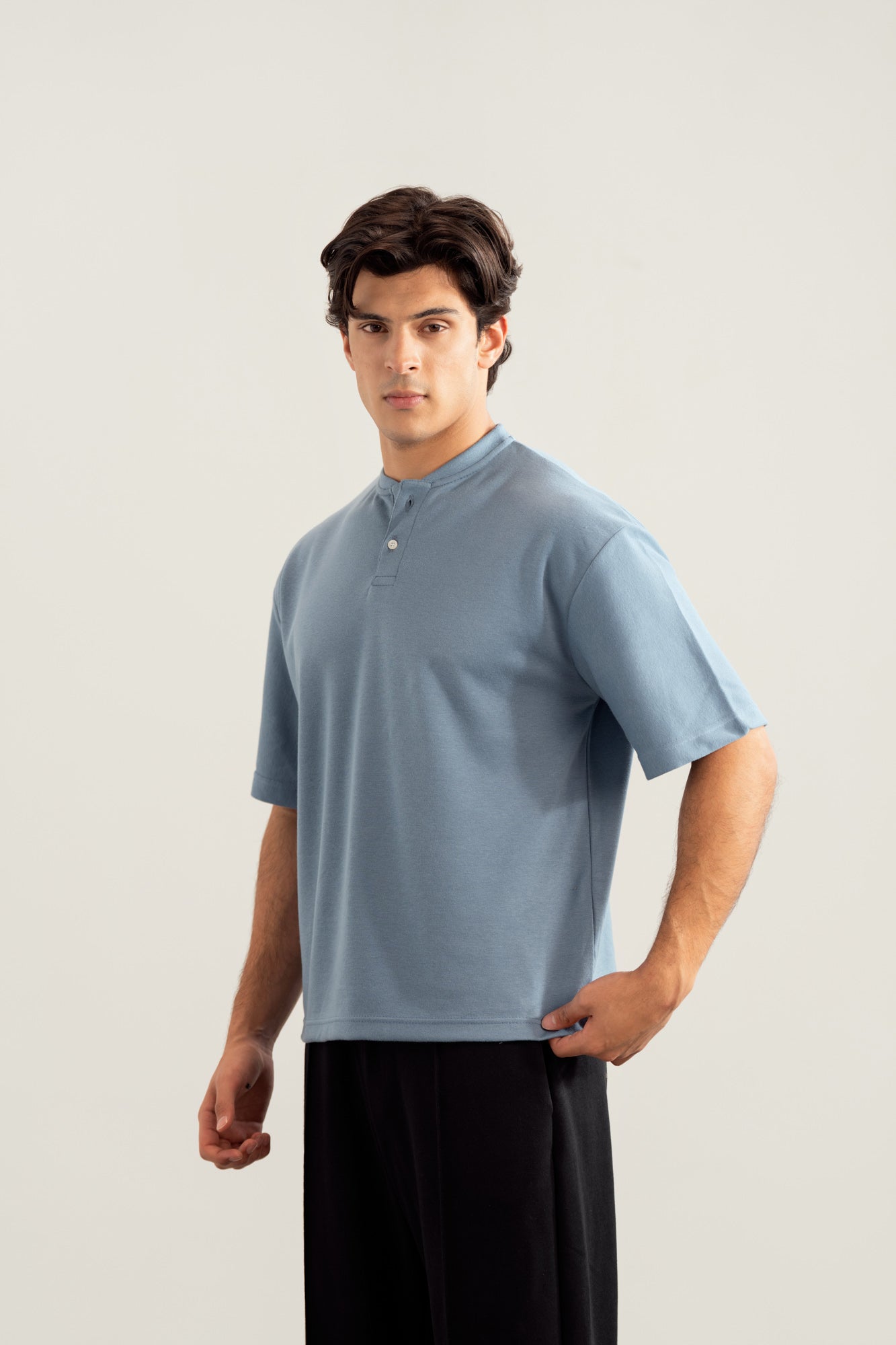 Sky Blue Interlock Oversized Henley Tee - Men - Men