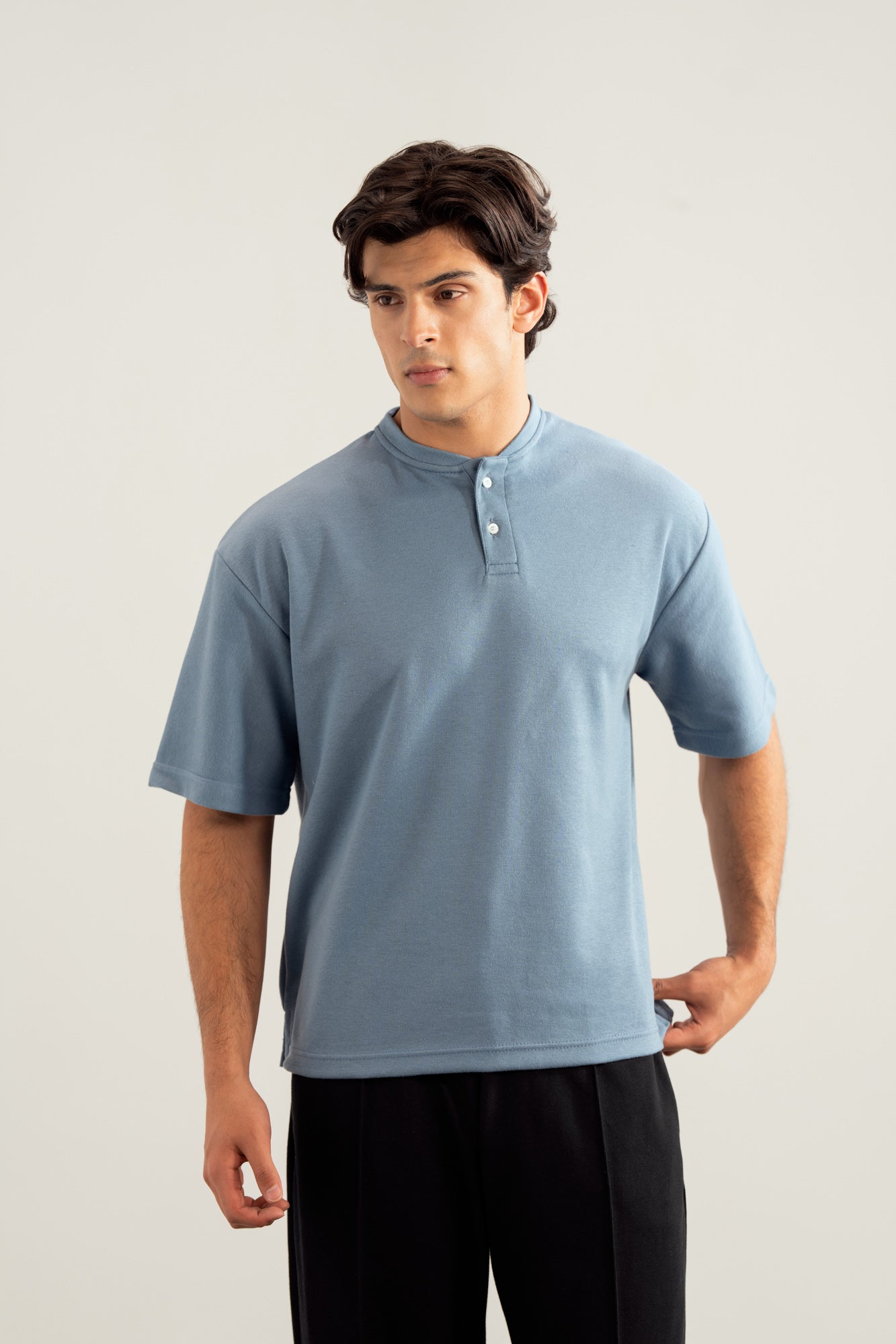 Sky Blue Interlock Oversized Henley Tee - Men - Men