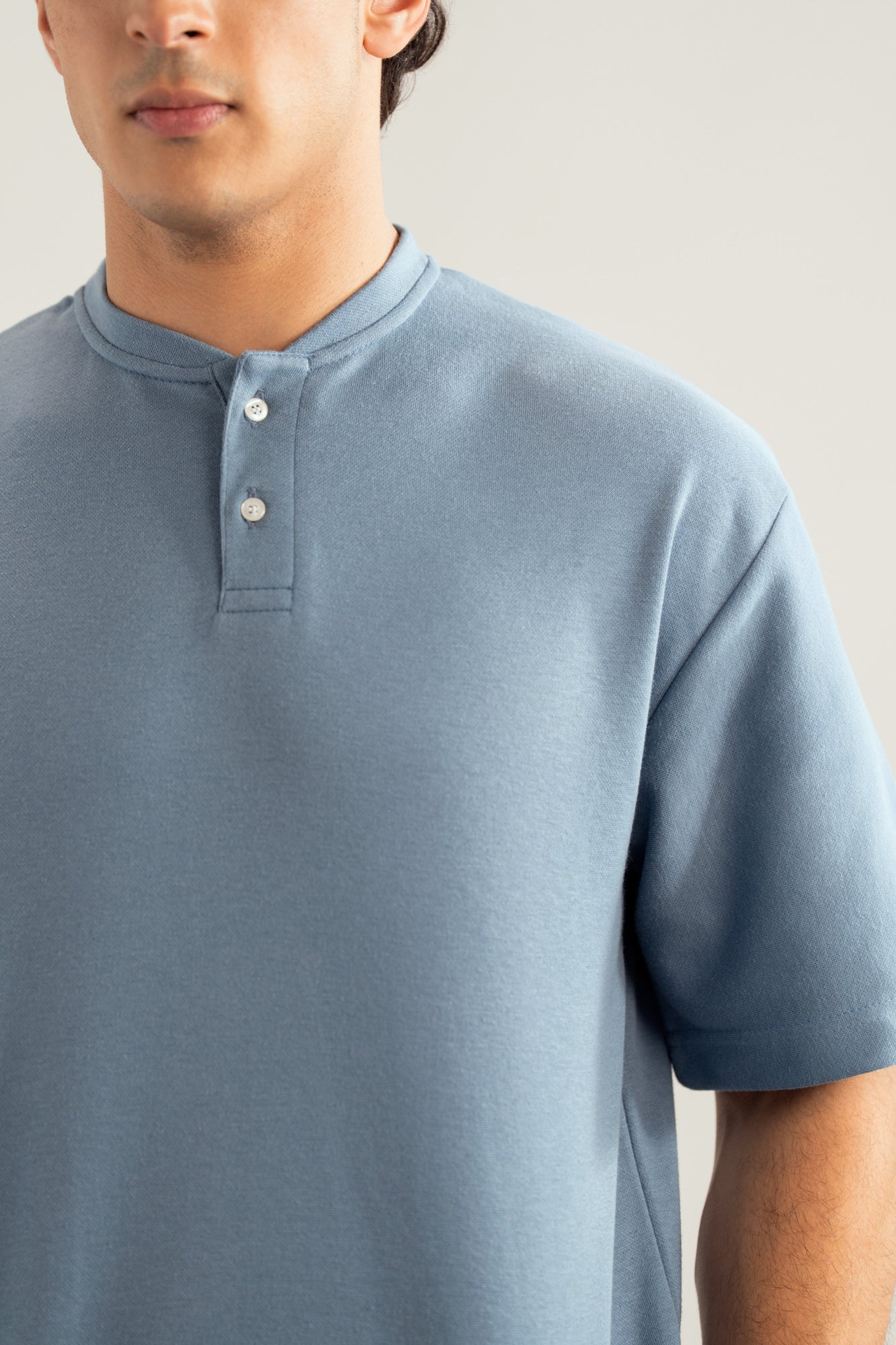 Sky Blue Interlock Oversized Henley Tee - Men - Men