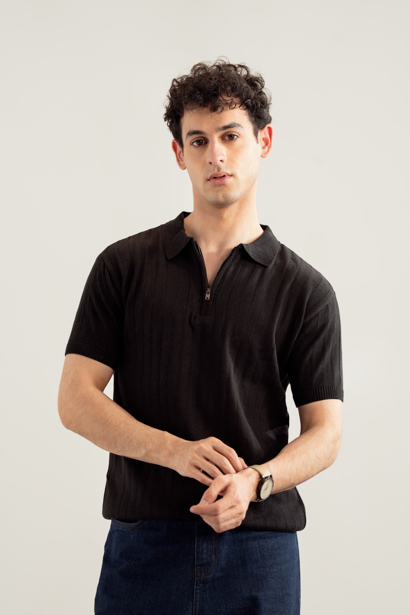 Black Drop Needle Zipper Knitted Polo - Men - Men
