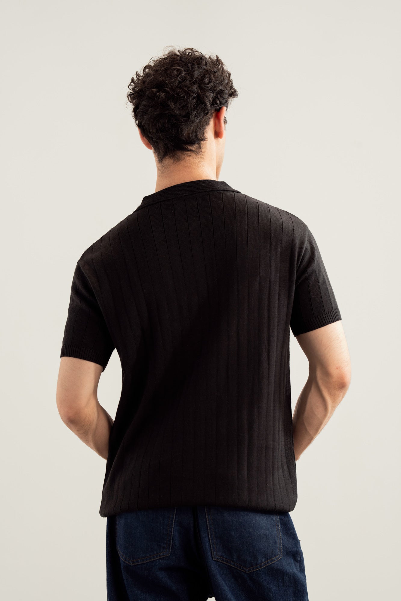 Black Drop Needle Zipper Knitted Polo - Men - Men