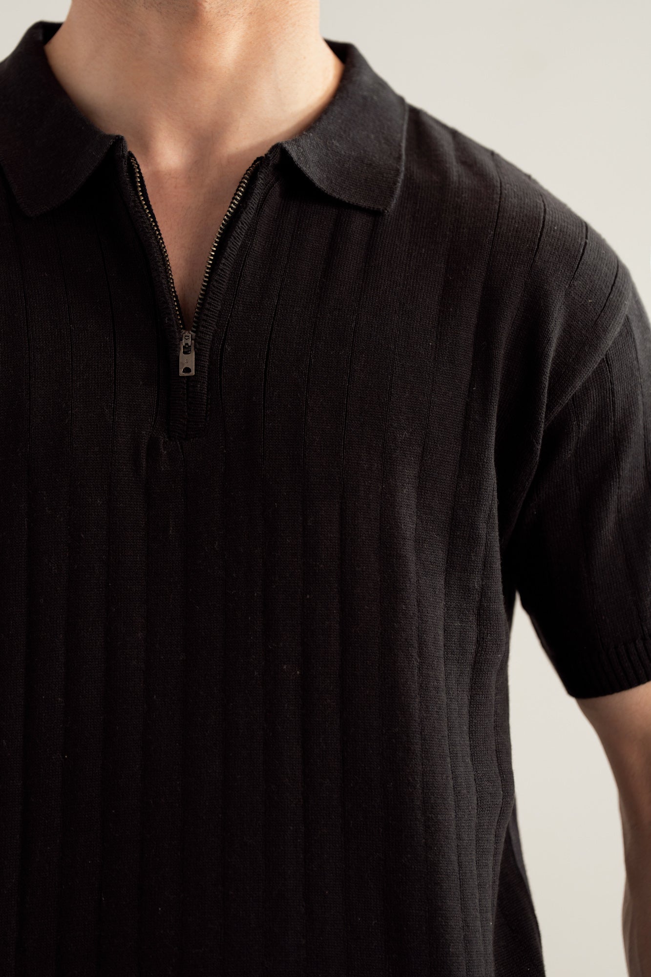 Black Drop Needle Zipper Knitted Polo - Men - Men