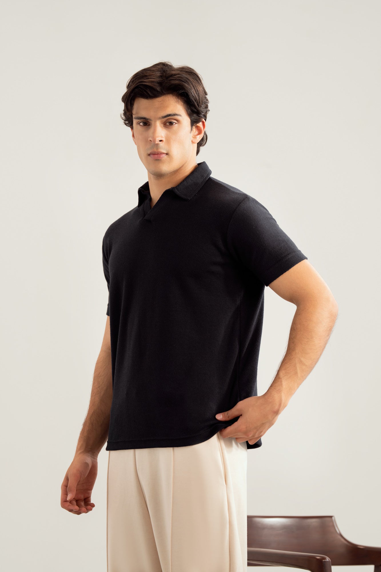 Black Mesh Thermal Knit Polo - Smart Fit - Men - Men