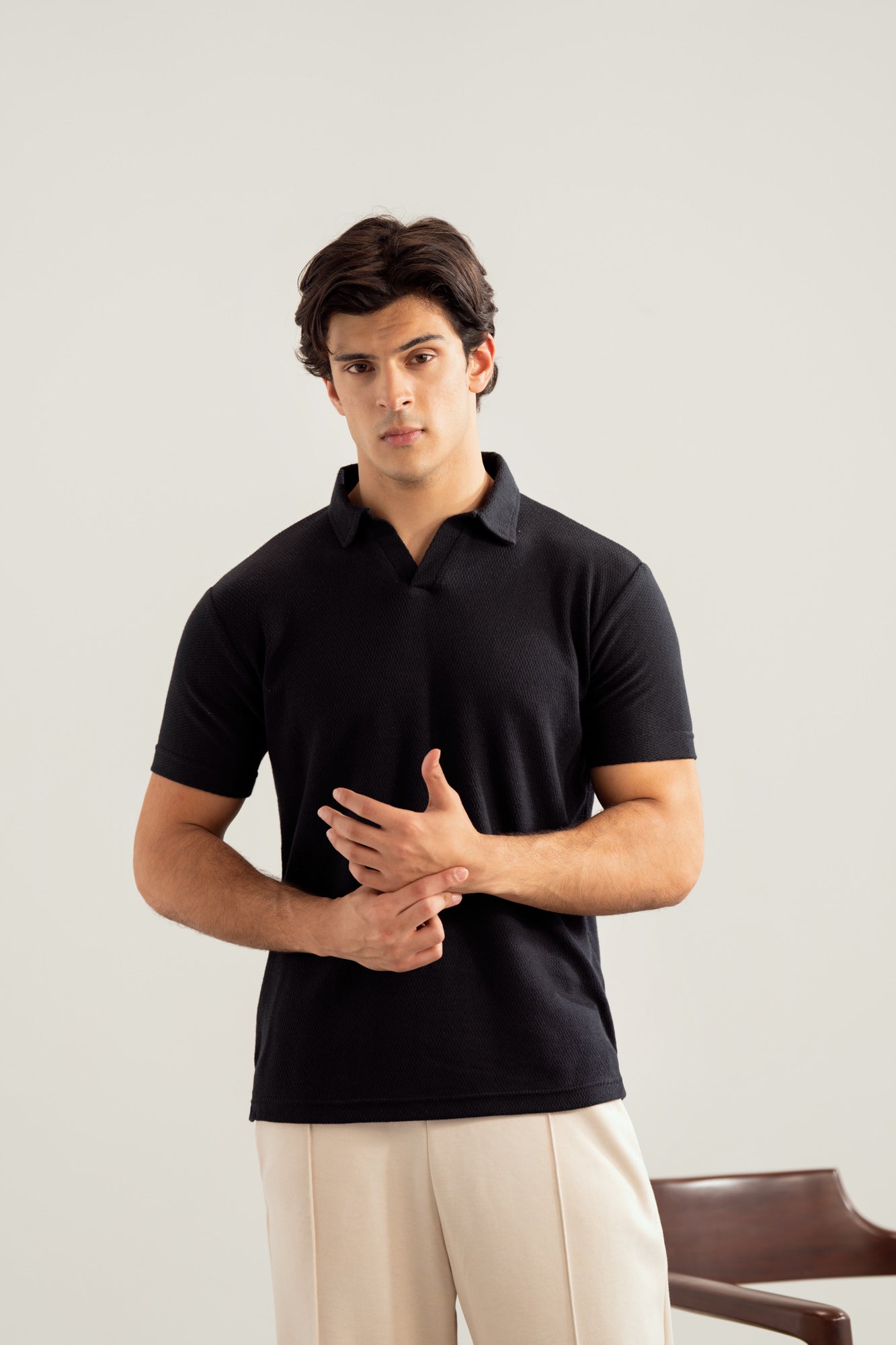 Black Mesh Thermal Knit Polo - Smart Fit - Men - Men