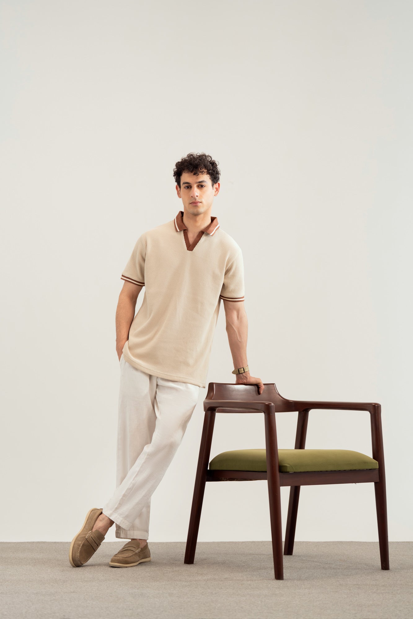 Beige White Waffle Johnny Resort Polo - Contrast Collar  - Men - Men