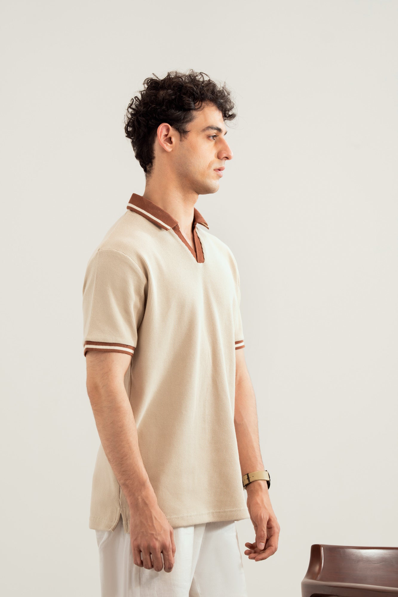 Beige White Waffle Johnny Resort Polo - Contrast Collar  - Men - Men