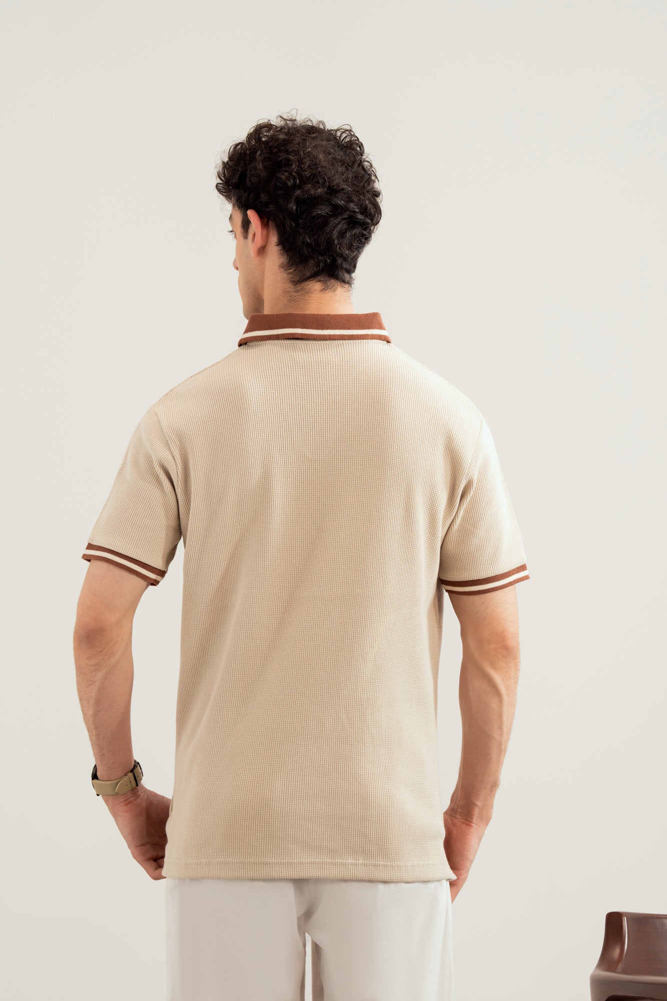 Beige White Waffle Johnny Resort Polo - Contrast Collar  - Men - Men