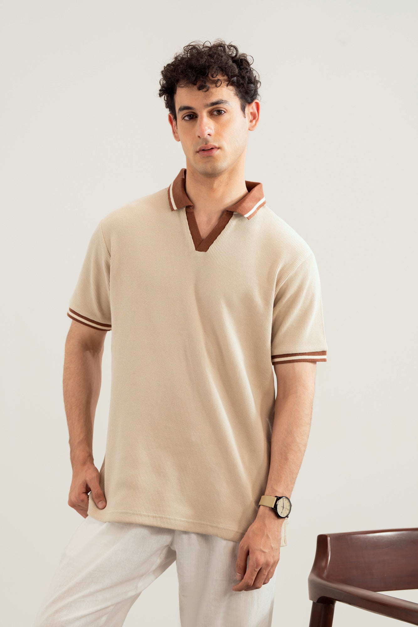 Beige White Waffle Johnny Resort Polo - Contrast Collar  - Men - Men