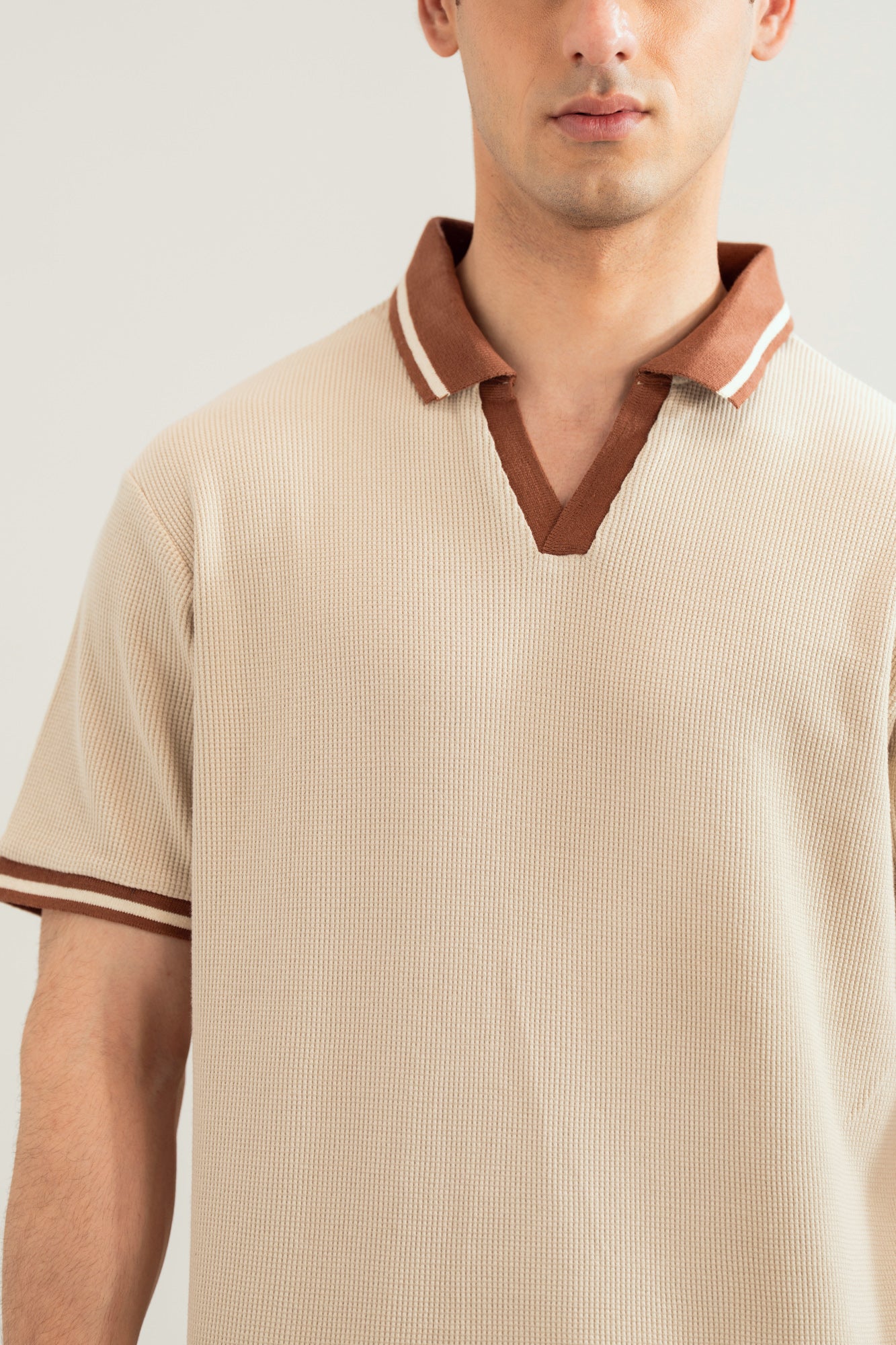 Beige White Waffle Johnny Resort Polo - Contrast Collar  - Men - Men