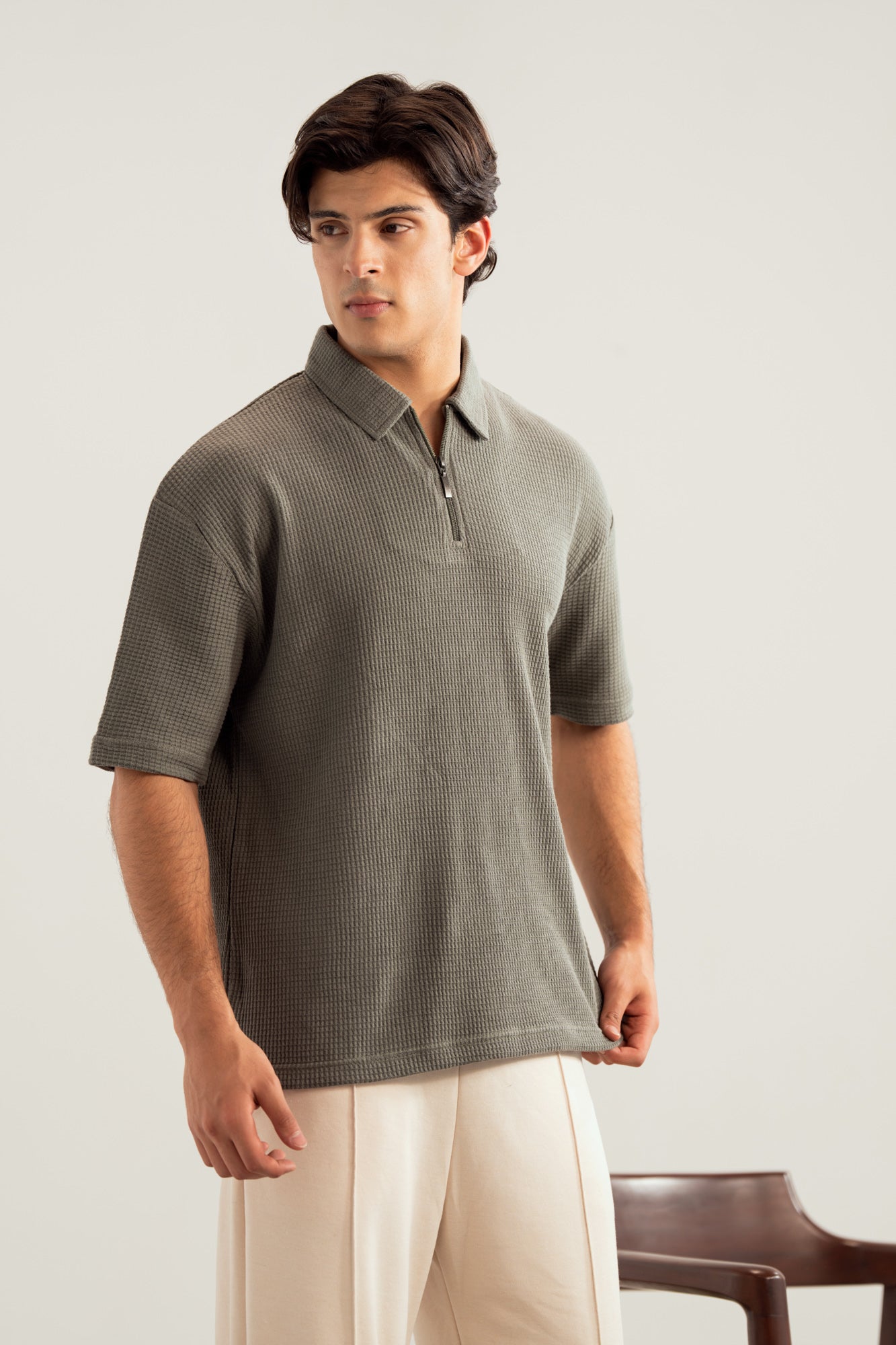 Olive Waffle Zipper Polo - Boxy Fit - Men - Men