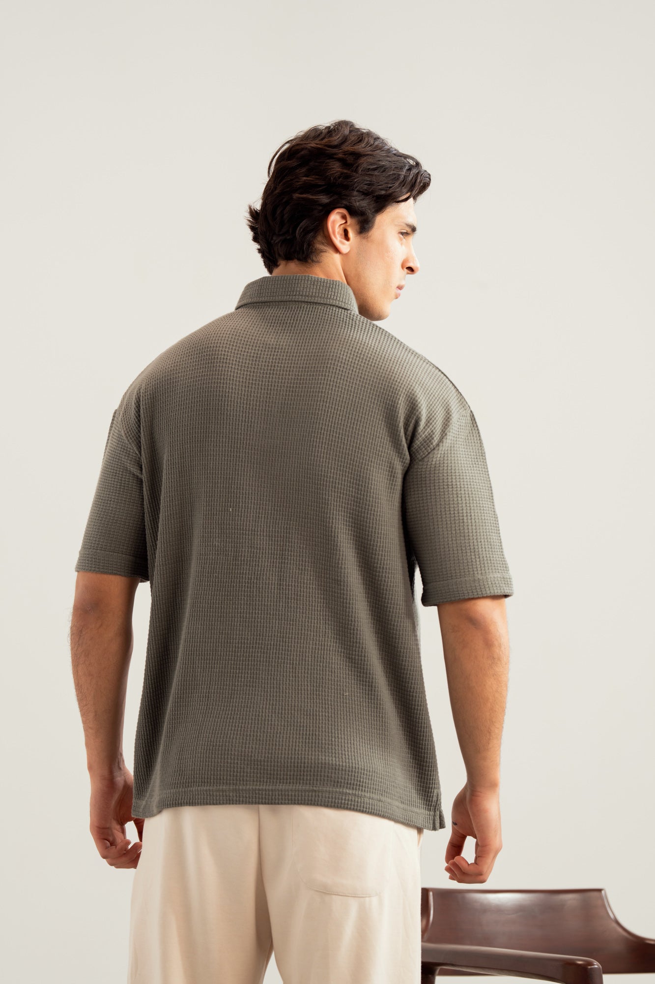 Olive Waffle Zipper Polo - Boxy Fit - Men - Men