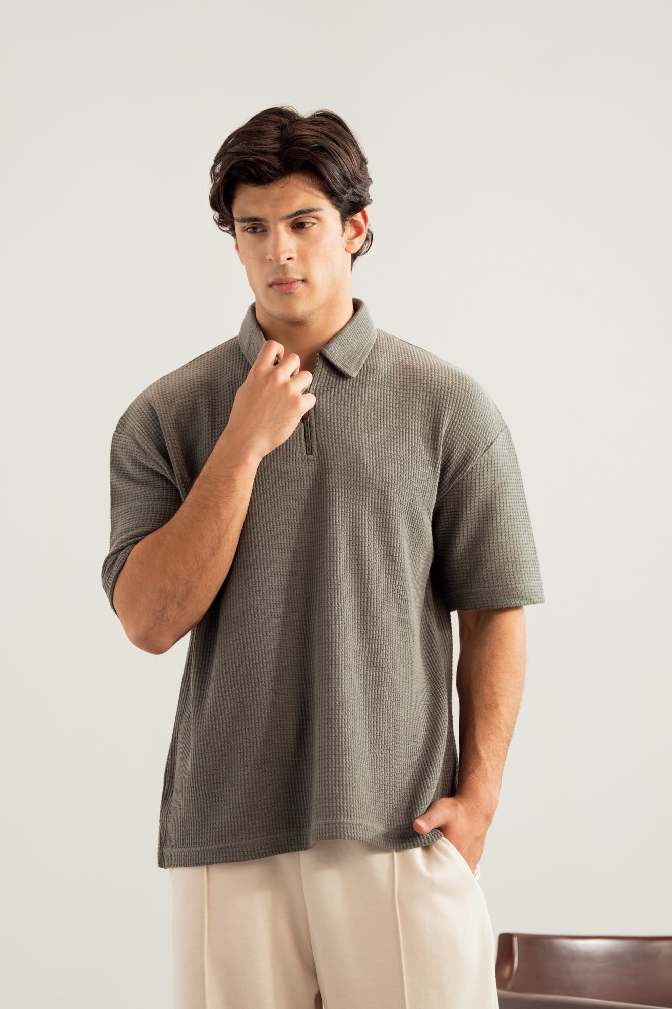 Olive Waffle Zipper Polo - Boxy Fit - Men - Men