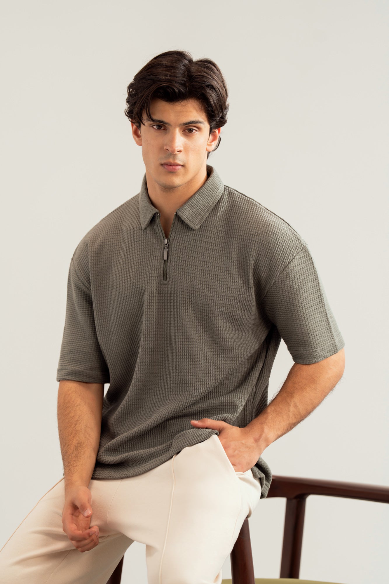 Olive Waffle Zipper Polo - Boxy Fit - Men - Men
