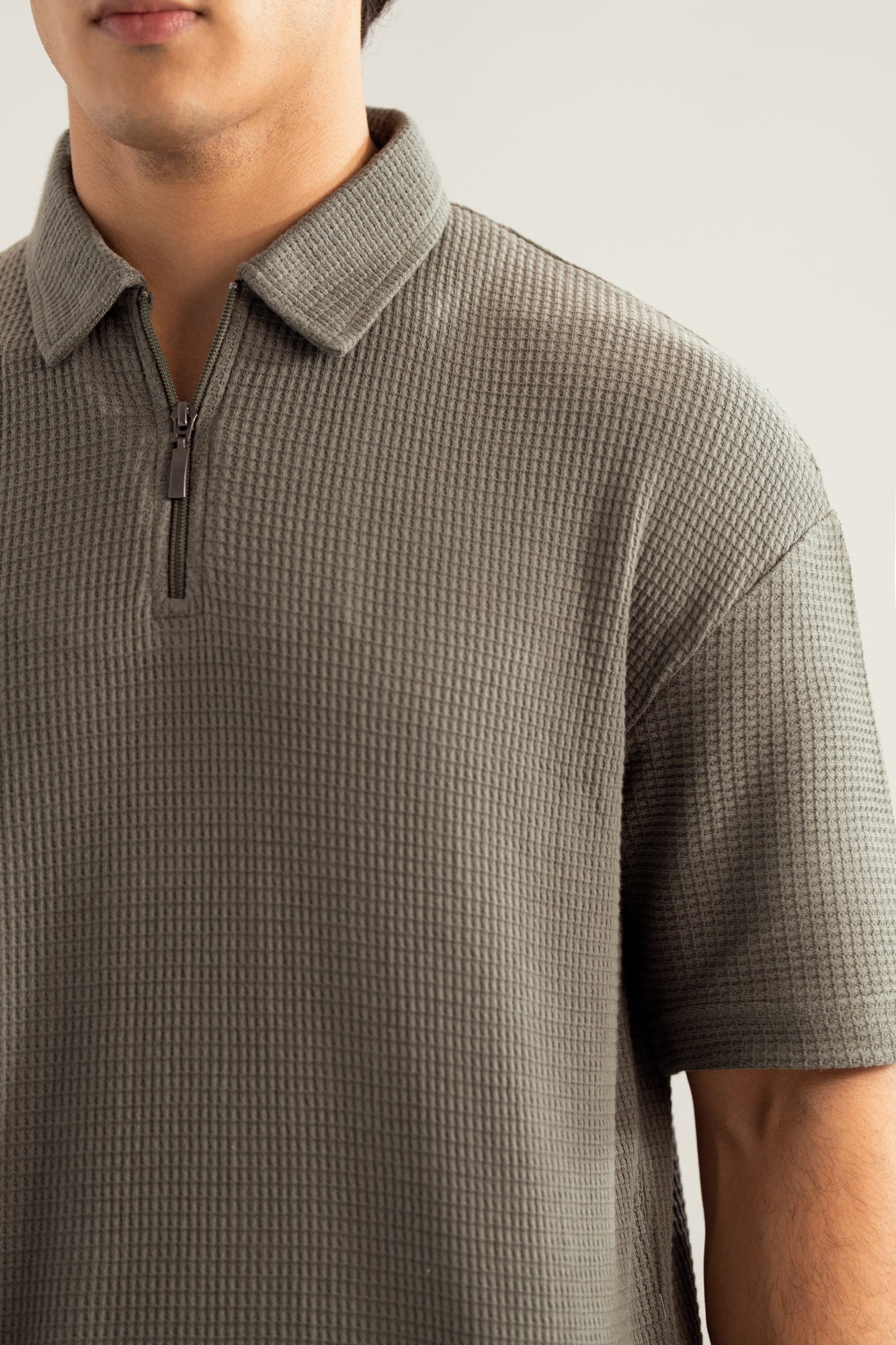 Olive Waffle Zipper Polo - Boxy Fit - Men - Men