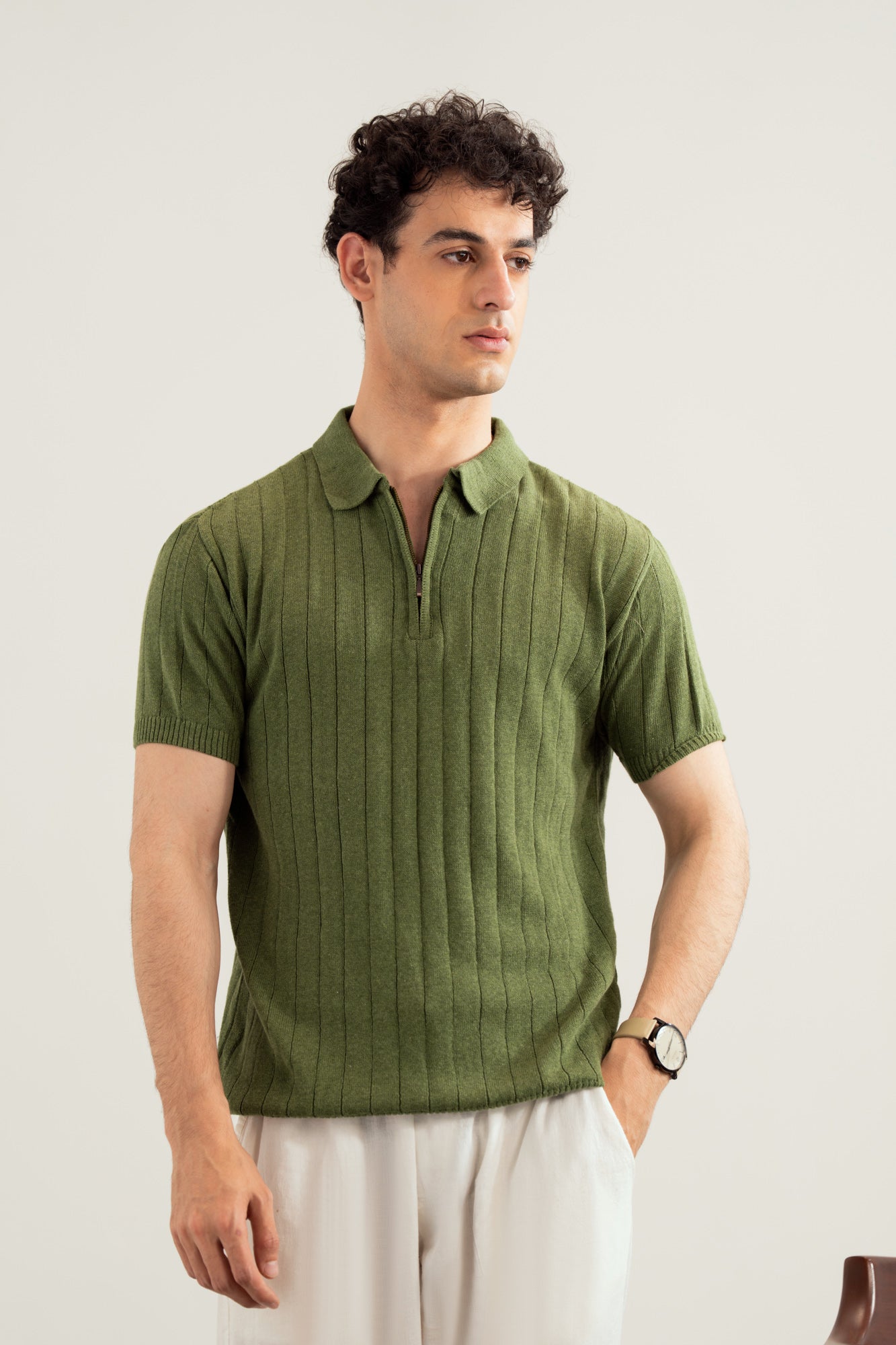 Olive Drop Needle Zipper Knitted Polo - Men - Men
