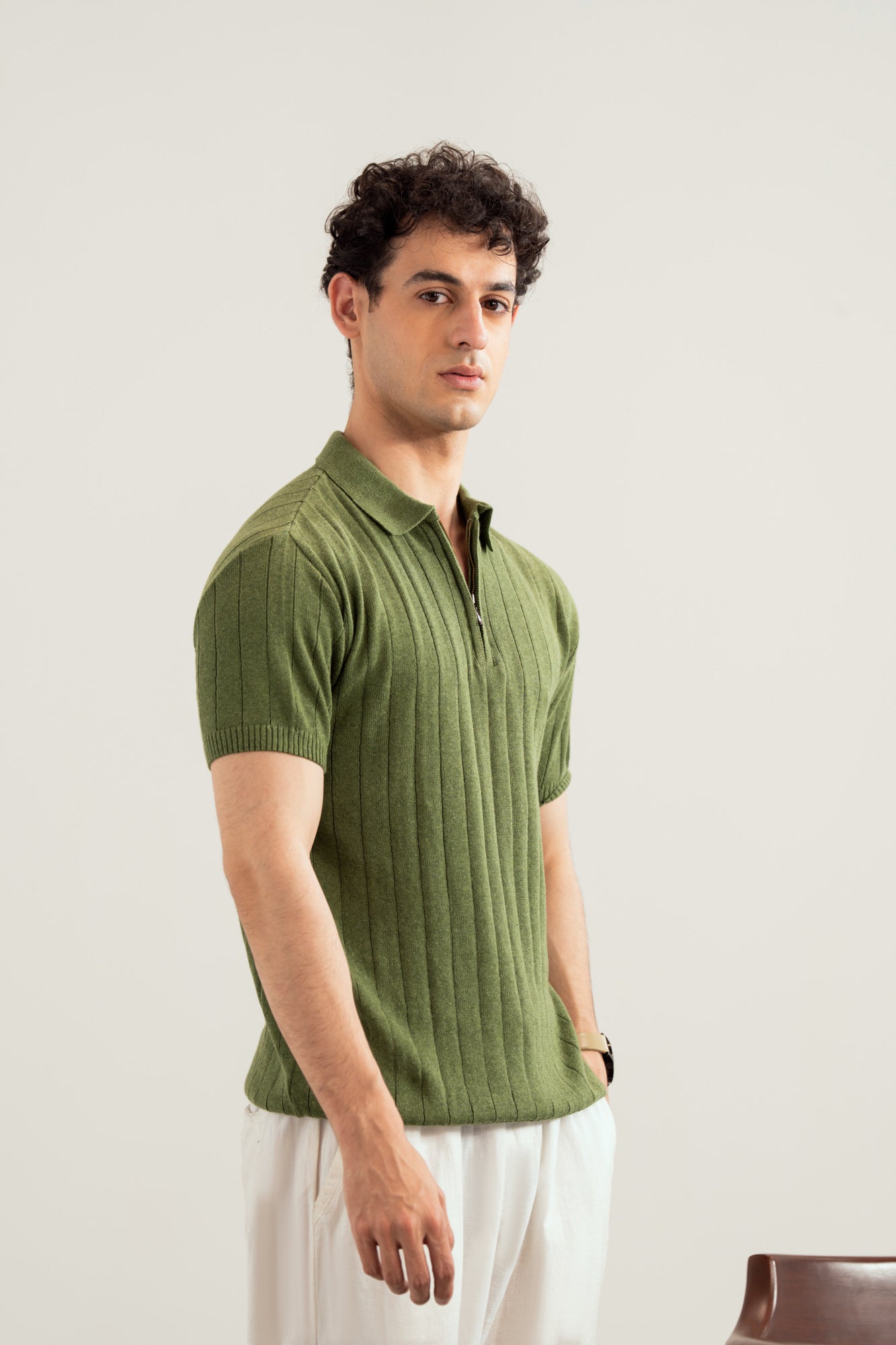 Olive Drop Needle Zipper Knitted Polo - Men - Men