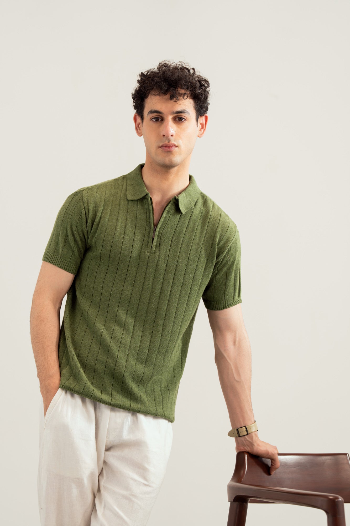 Olive Drop Needle Zipper Knitted Polo - Men - Men