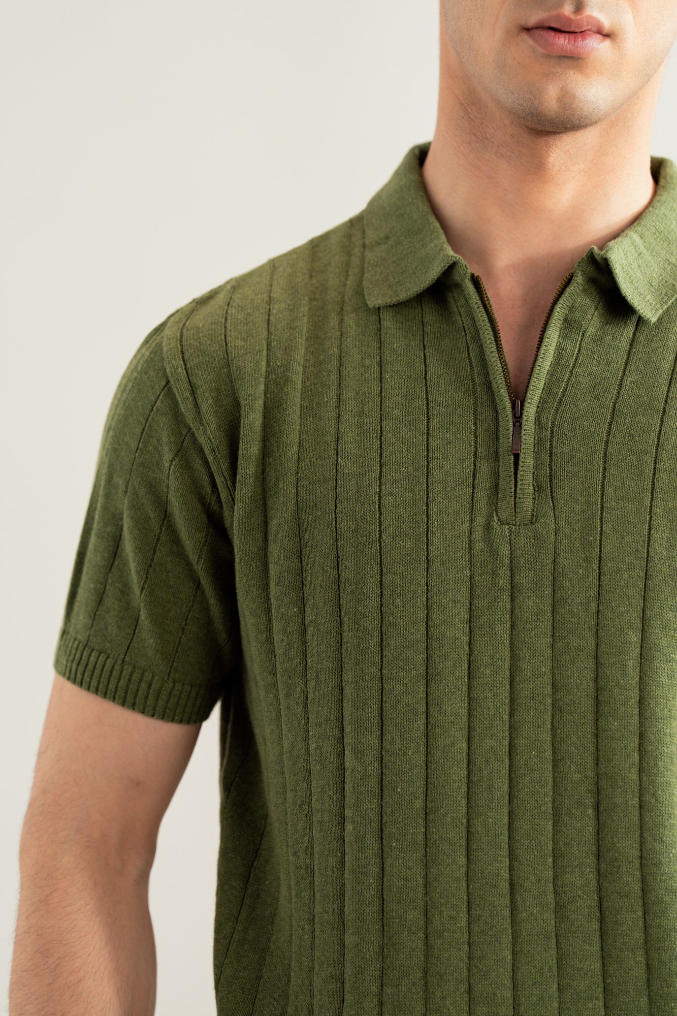 Olive Drop Needle Zipper Knitted Polo - Men - Men