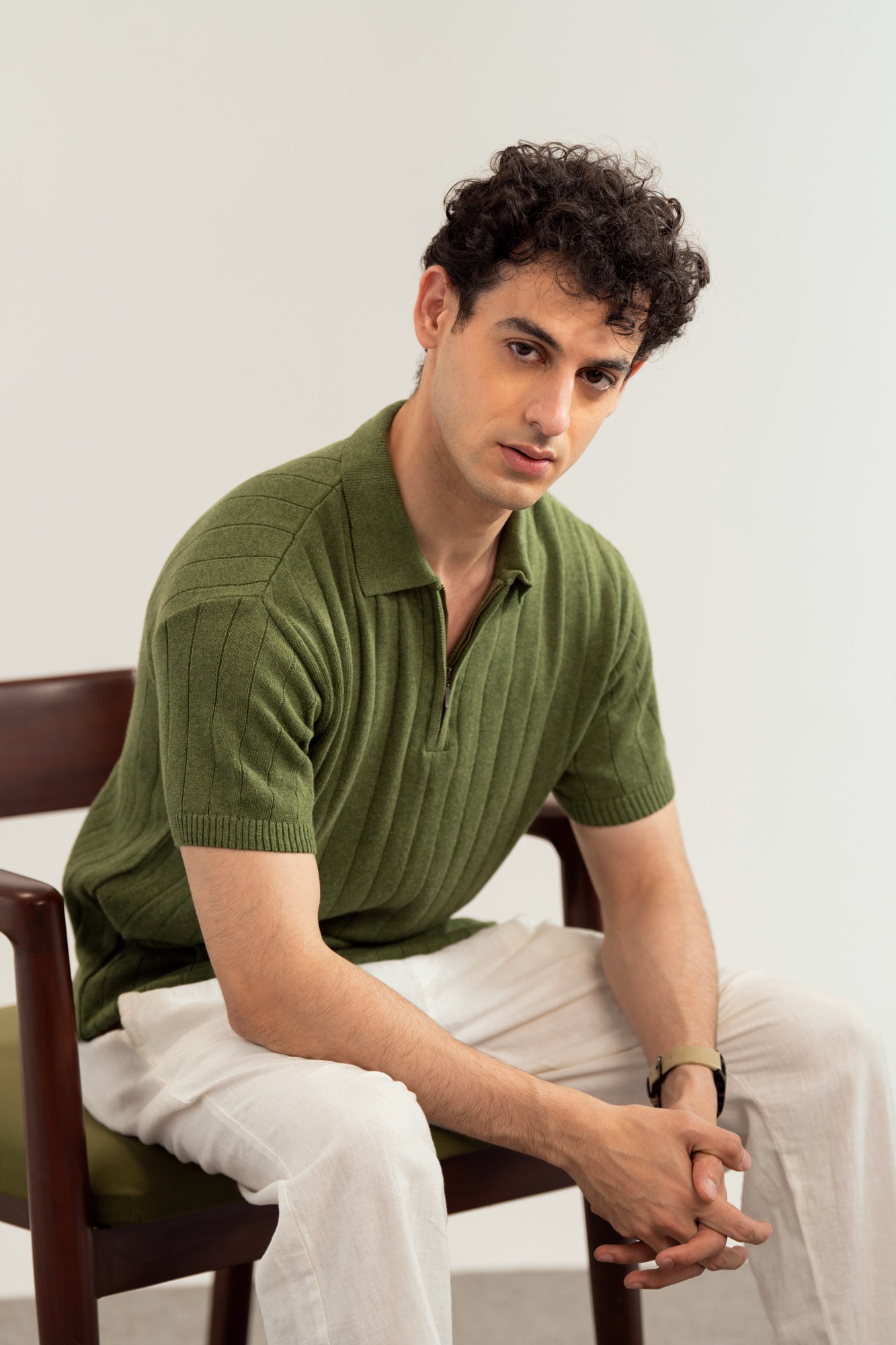 Olive Drop Needle Zipper Knitted Polo - Men - Men