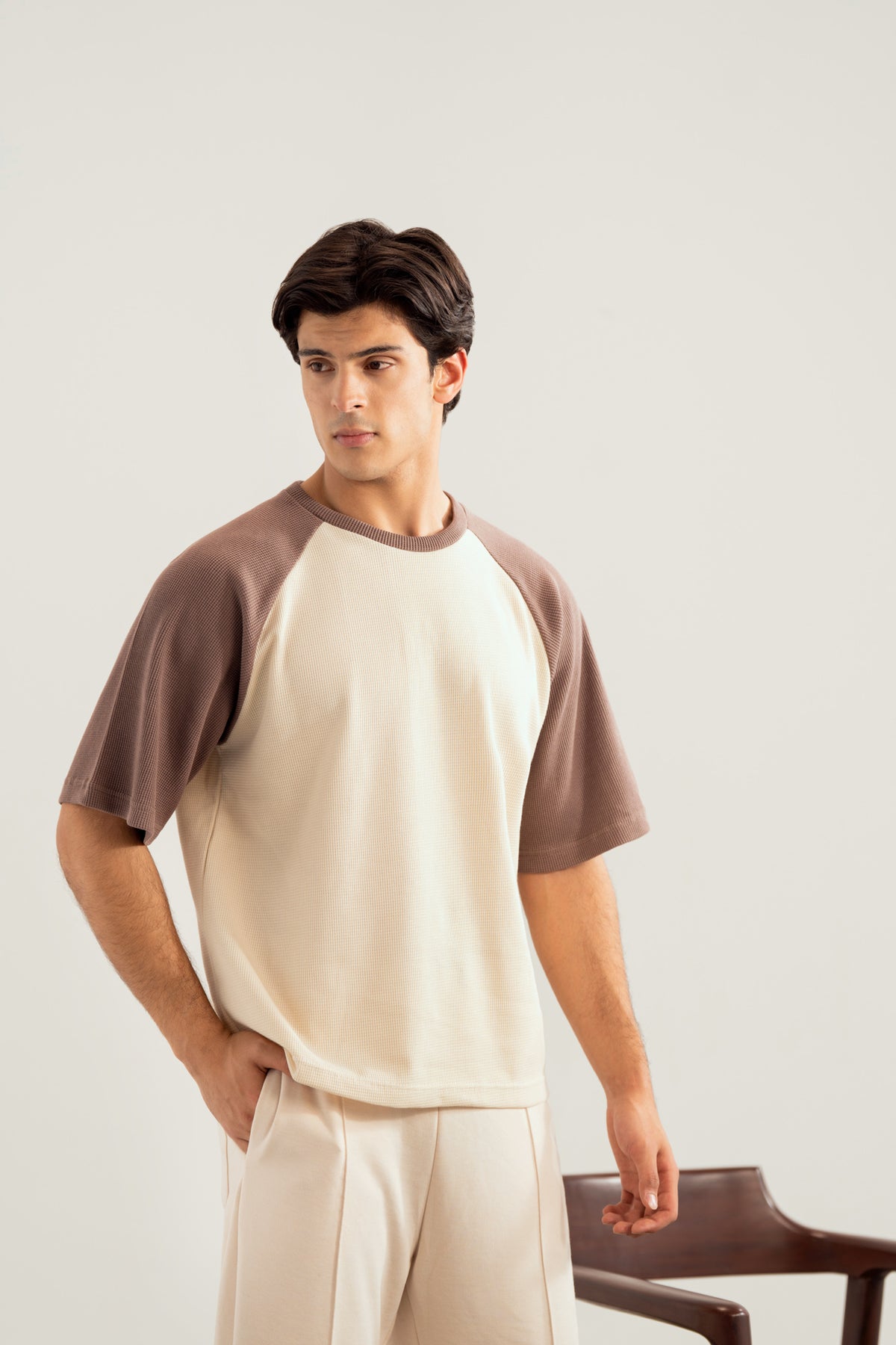 Dull Nude & Off White Waffle Knit Oversized Tee - Men - Men