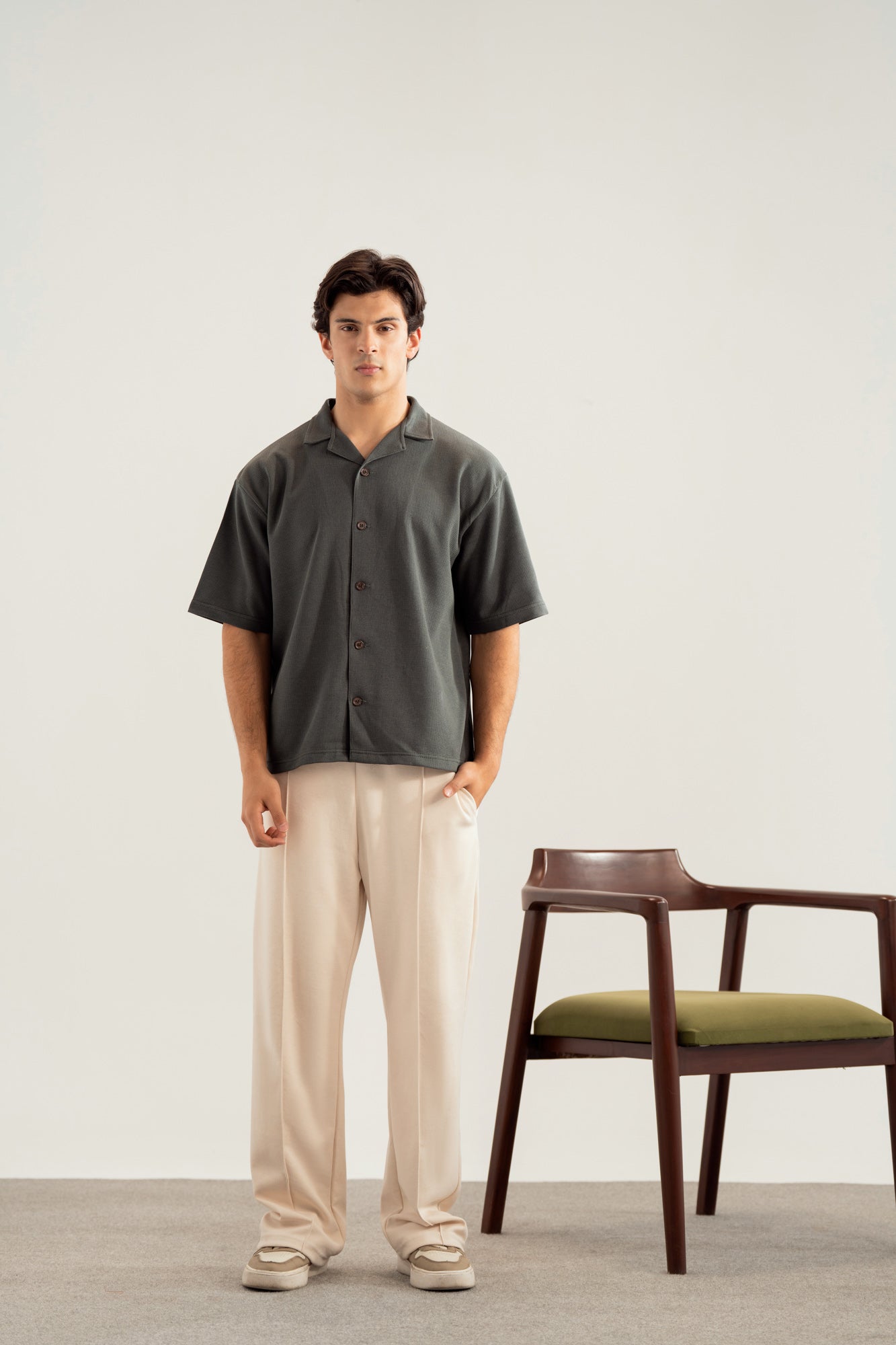 Deep Olive Waffle Boxy Revere Button Down - Men - Men