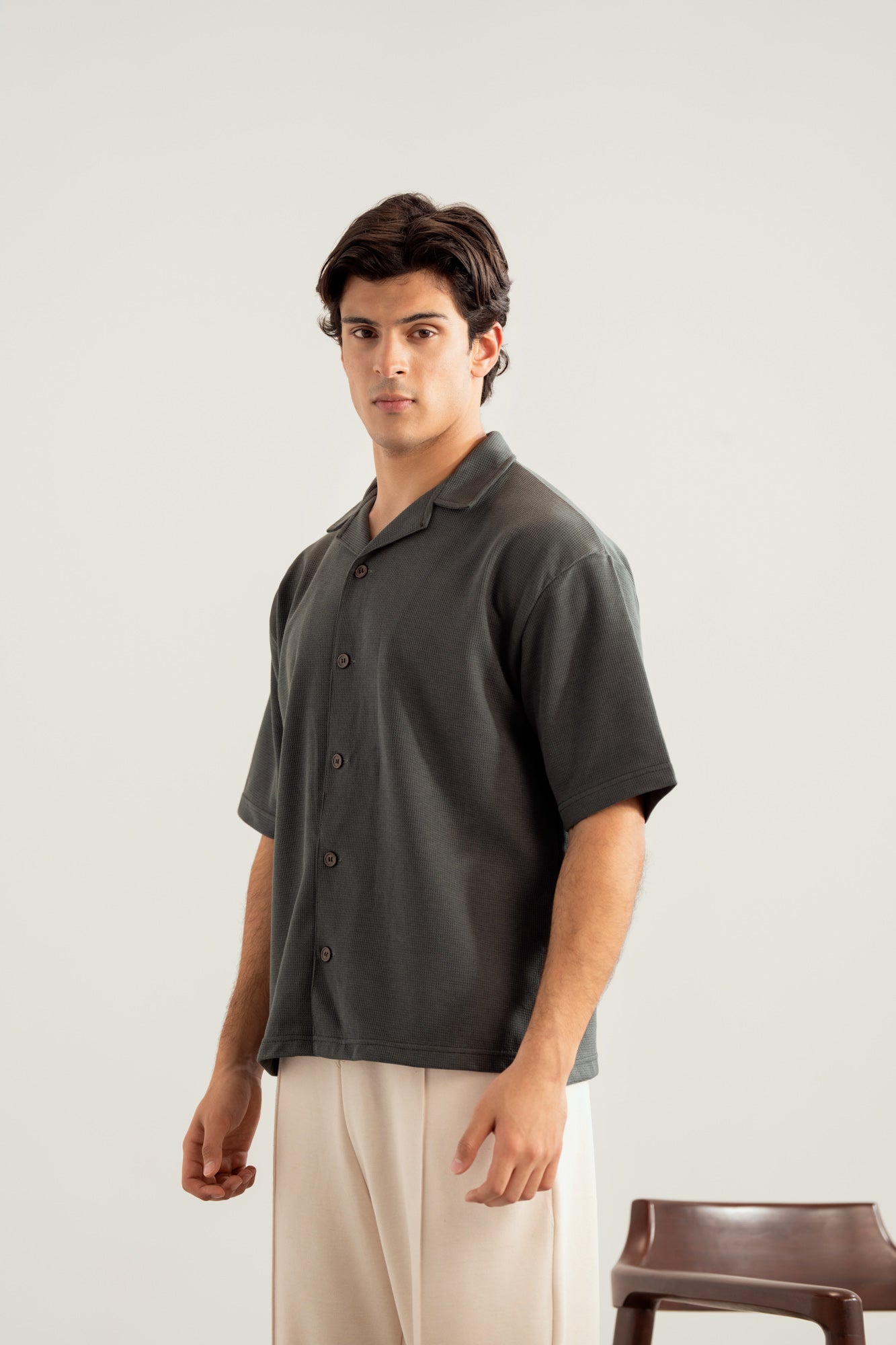 Deep Olive Waffle Boxy Revere Button Down - Men - Men