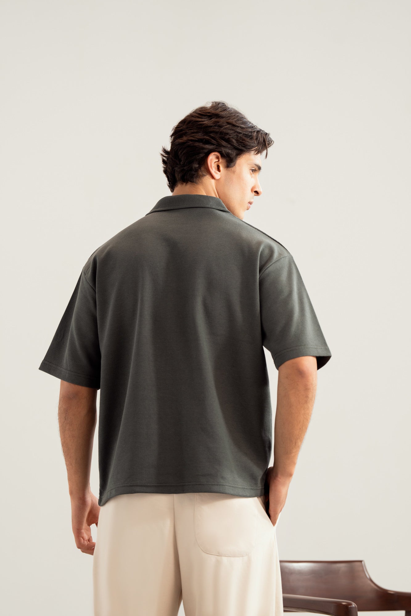 Deep Olive Waffle Boxy Revere Button Down - Men - Men